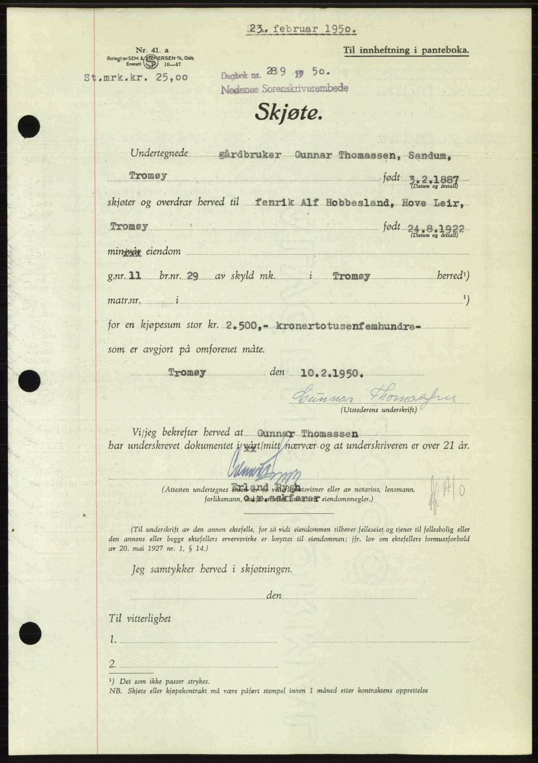 Nedenes sorenskriveri, AV/SAK-1221-0006/G/Gb/Gba/L0062: Mortgage book no. A14, 1949-1950, Diary no: : 289/1950