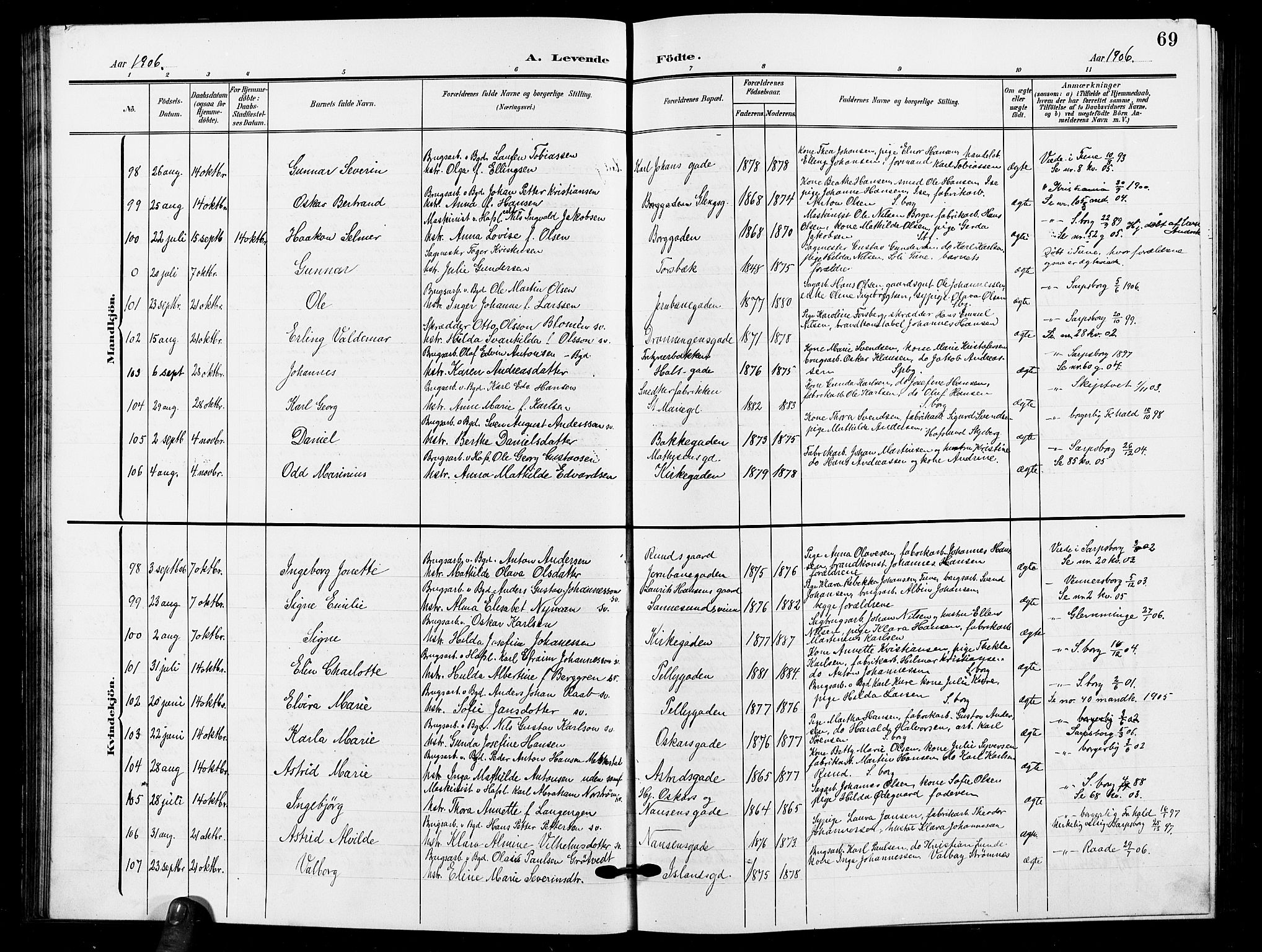 Sarpsborg prestekontor Kirkebøker, AV/SAO-A-2006/G/Ga/L0001: Parish register (copy) no. 1, 1902-1911, p. 69