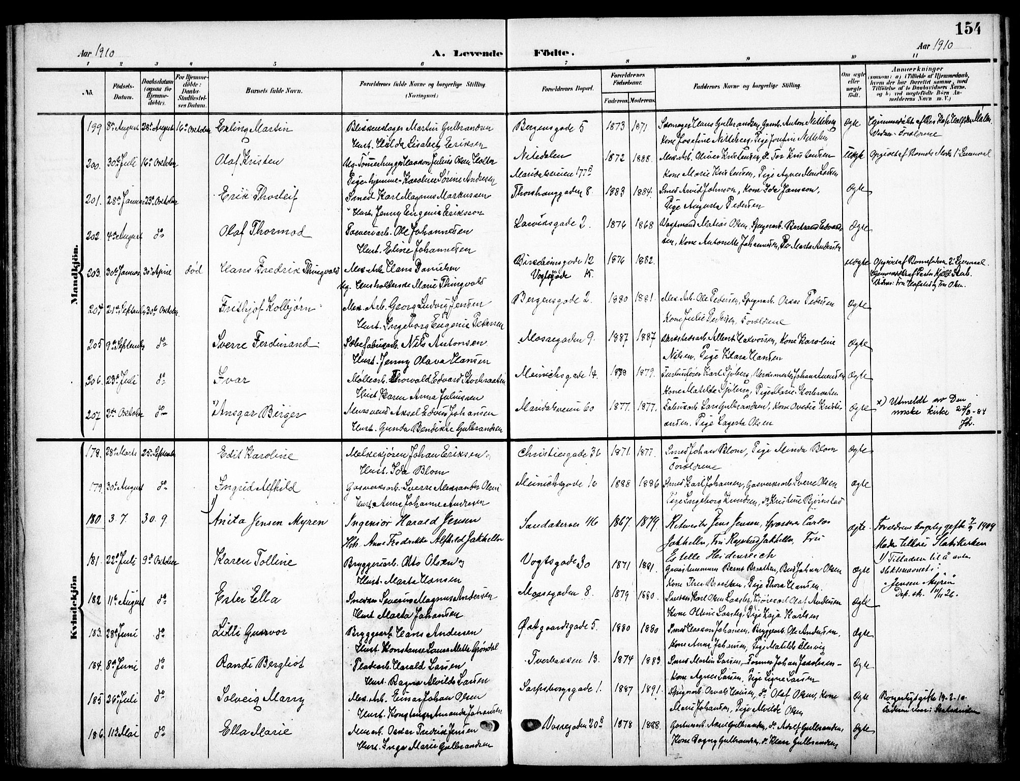 Sagene prestekontor Kirkebøker, SAO/A-10796/F/L0007: Parish register (official) no. 7, 1905-1915, p. 154