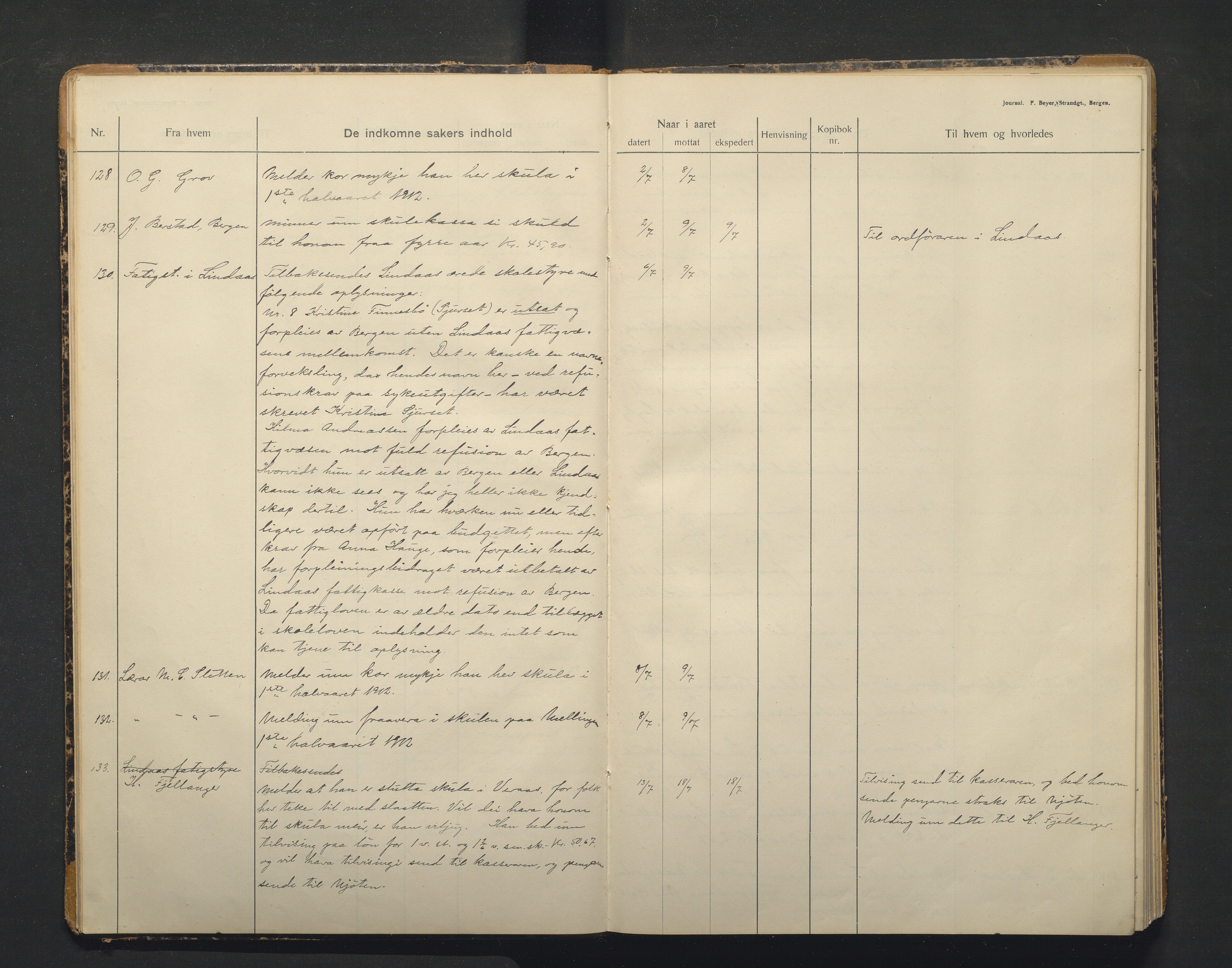 Lindås kommune. Skulestyret, IKAH/1263-211/C/Ca/L0005: Postjournal for Lindås skulestyre, 1912-1918