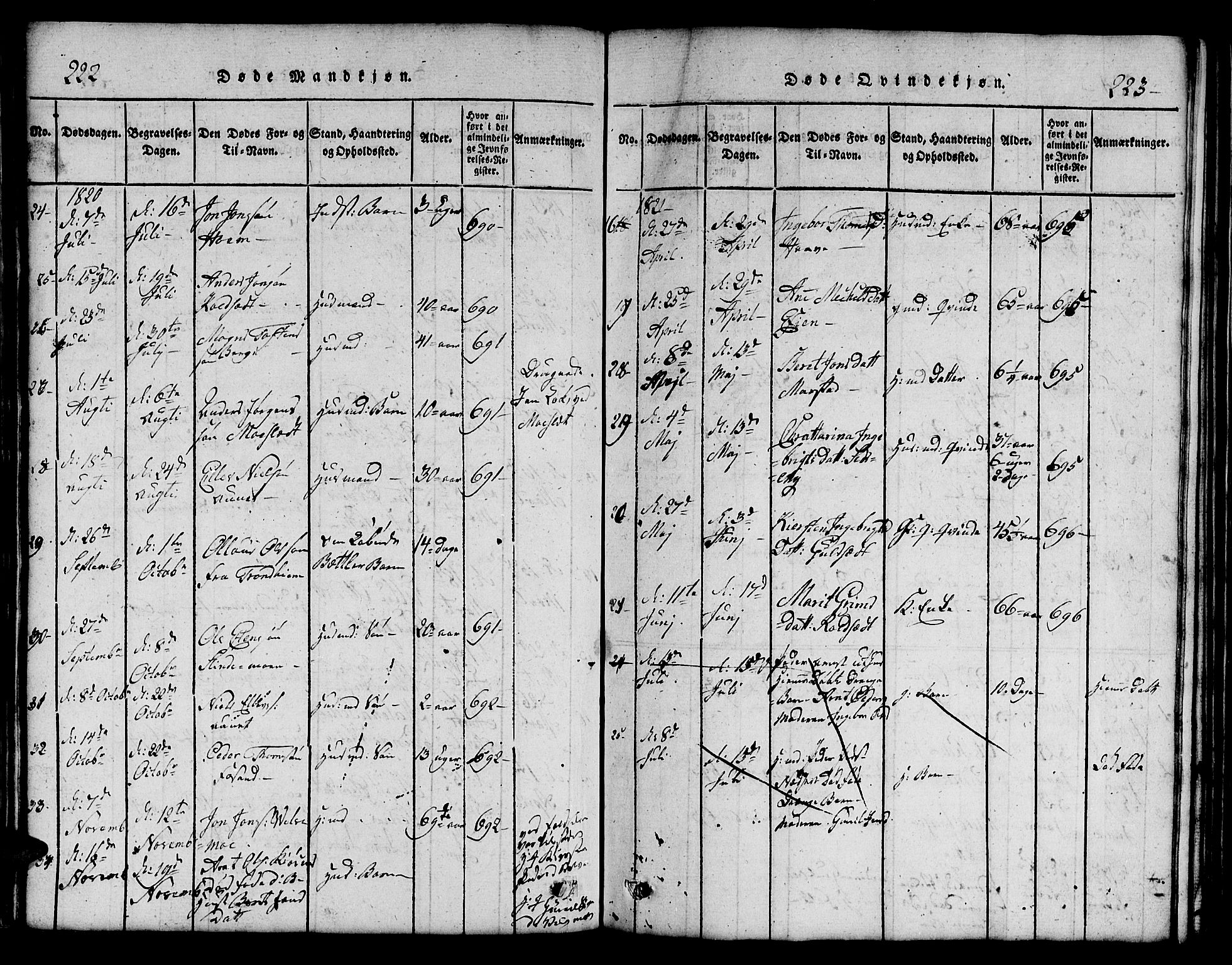 Ministerialprotokoller, klokkerbøker og fødselsregistre - Sør-Trøndelag, SAT/A-1456/695/L1152: Parish register (copy) no. 695C03, 1816-1831, p. 222-223