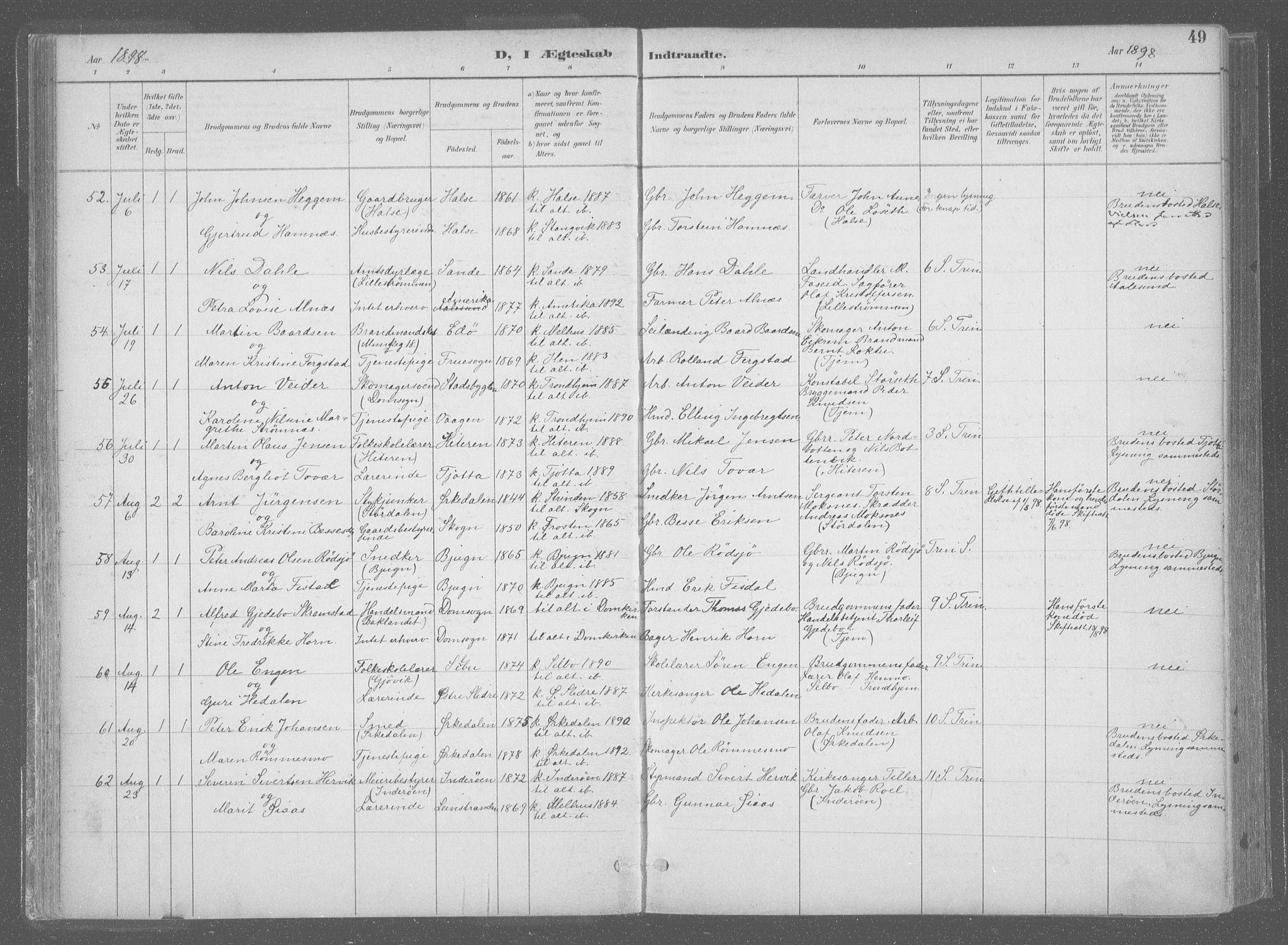 Ministerialprotokoller, klokkerbøker og fødselsregistre - Sør-Trøndelag, AV/SAT-A-1456/601/L0064: Parish register (official) no. 601A31, 1891-1911, p. 49