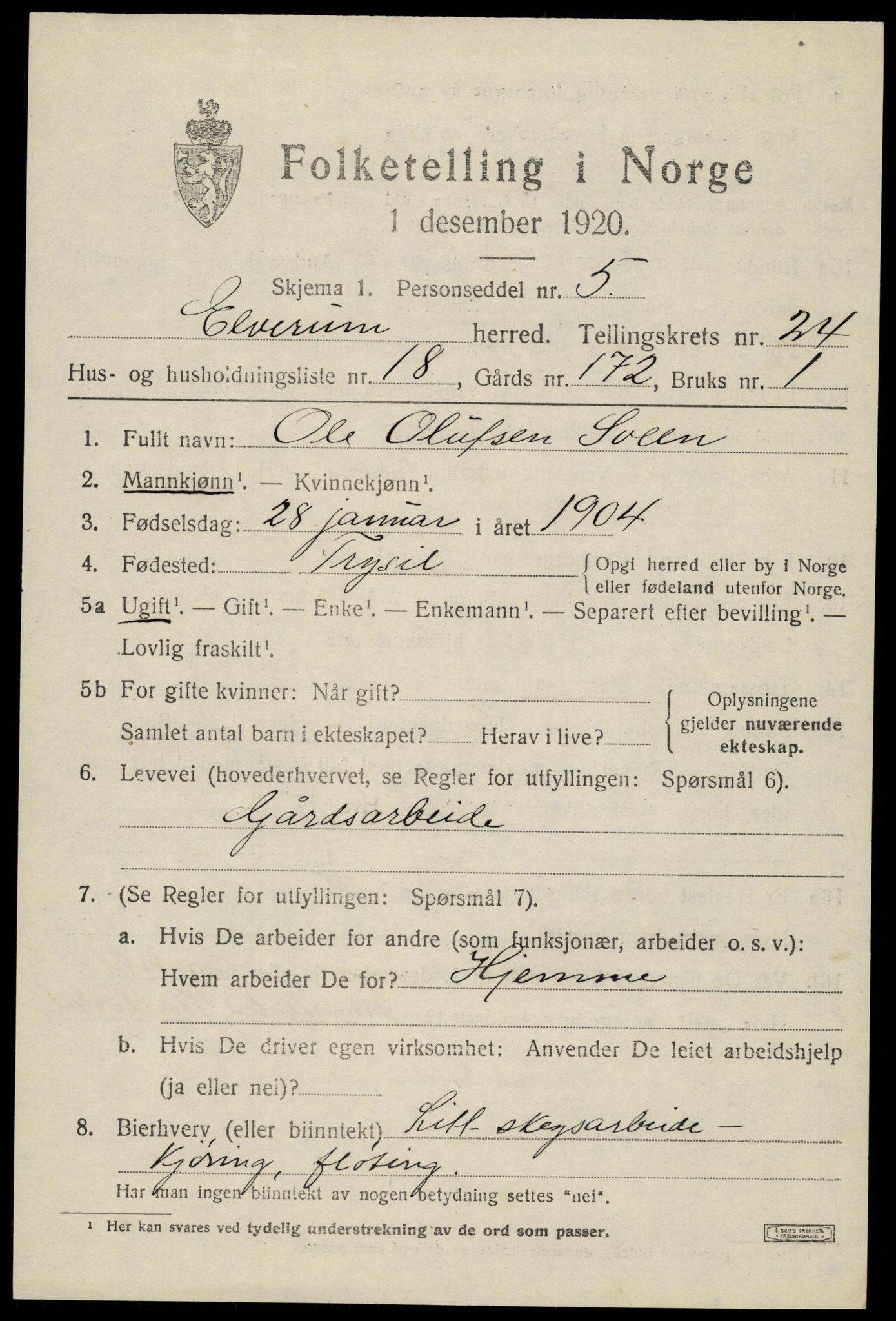 SAH, 1920 census for Elverum, 1920, p. 25722