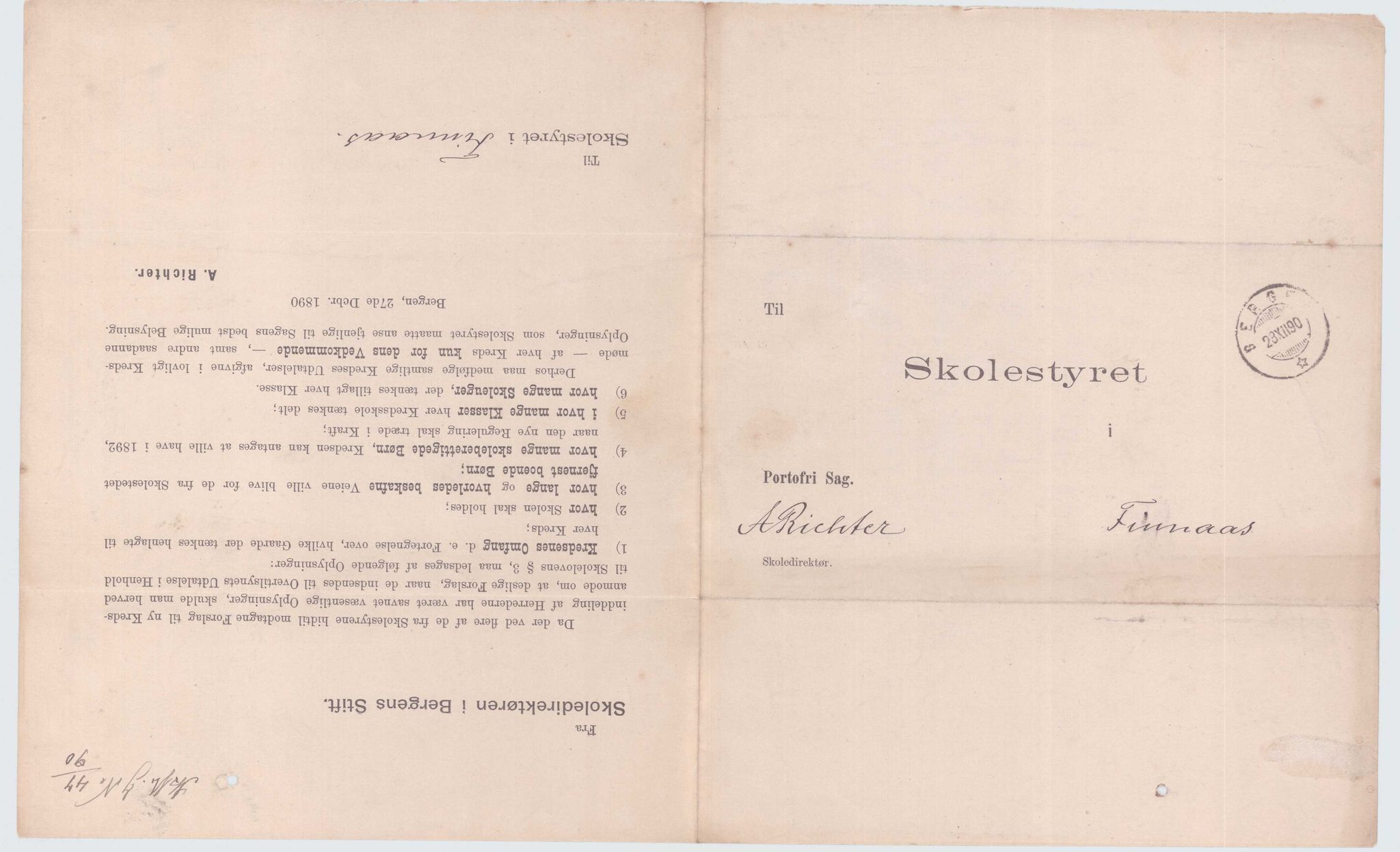 Finnaas kommune. Skulestyret, IKAH/1218a-211/D/Da/L0001/0002: Kronologisk ordna korrespondanse / Kronologisk ordna korrespondanse , 1890-1892, p. 20