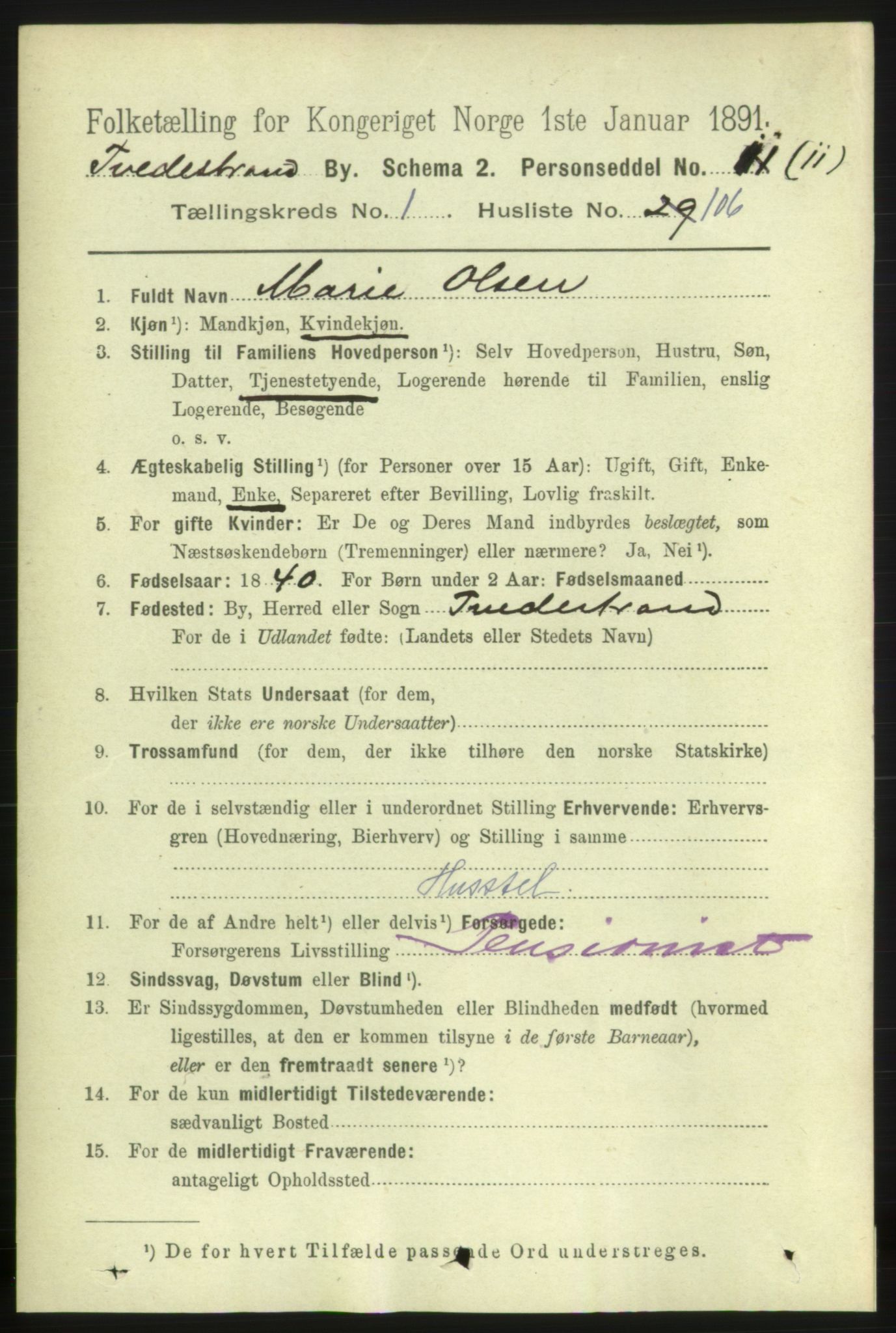 RA, 1891 census for 0902 Tvedestrand, 1891, p. 1353