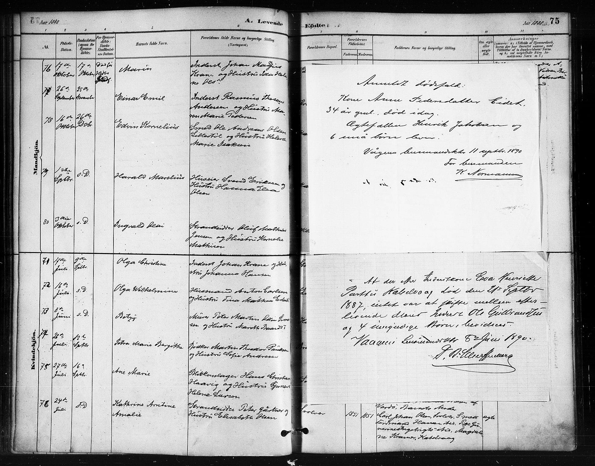 Ministerialprotokoller, klokkerbøker og fødselsregistre - Nordland, AV/SAT-A-1459/874/L1059: Parish register (official) no. 874A03, 1884-1890, p. 75