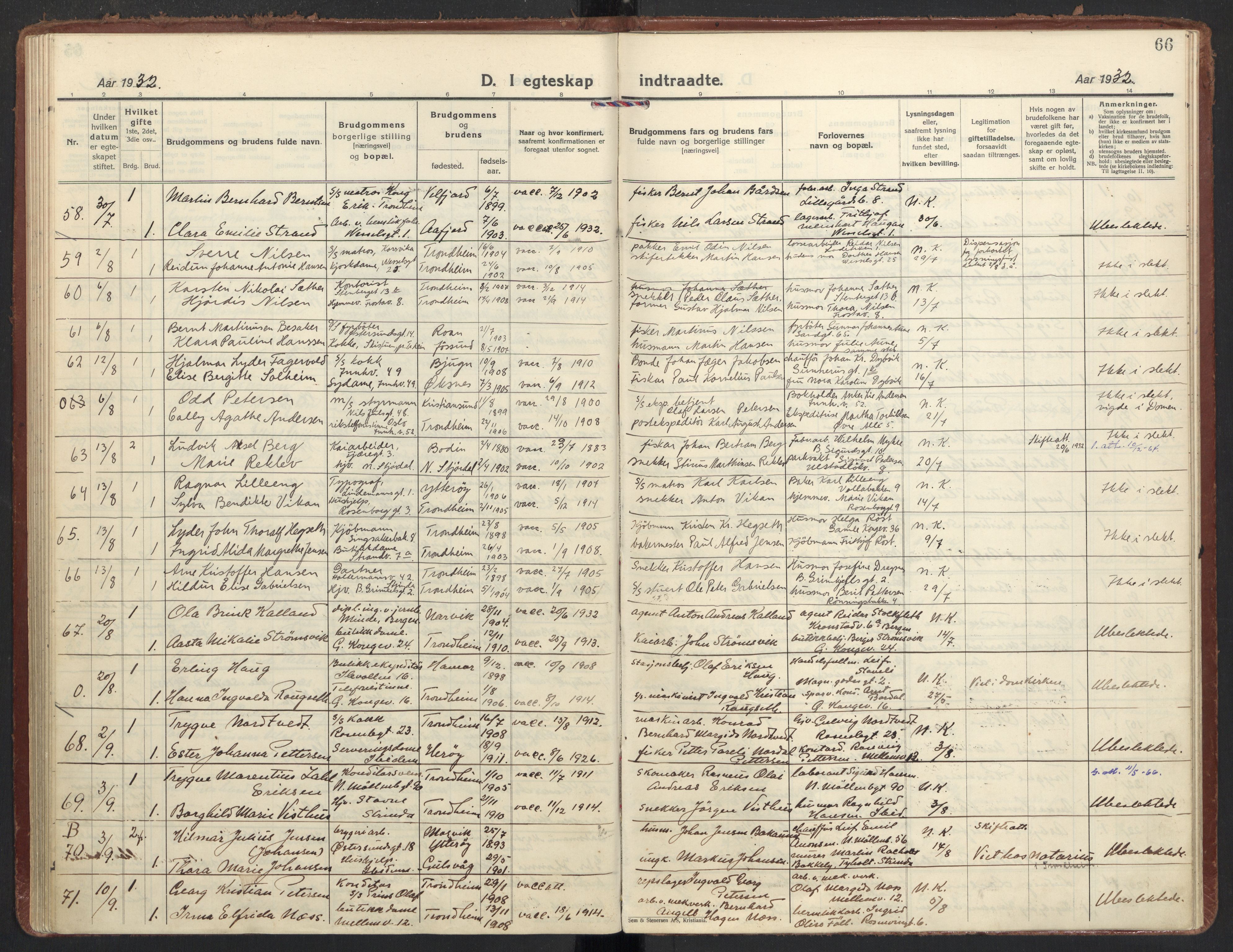 Ministerialprotokoller, klokkerbøker og fødselsregistre - Sør-Trøndelag, AV/SAT-A-1456/605/L0249: Parish register (official) no. 605A11, 1925-1936, p. 66