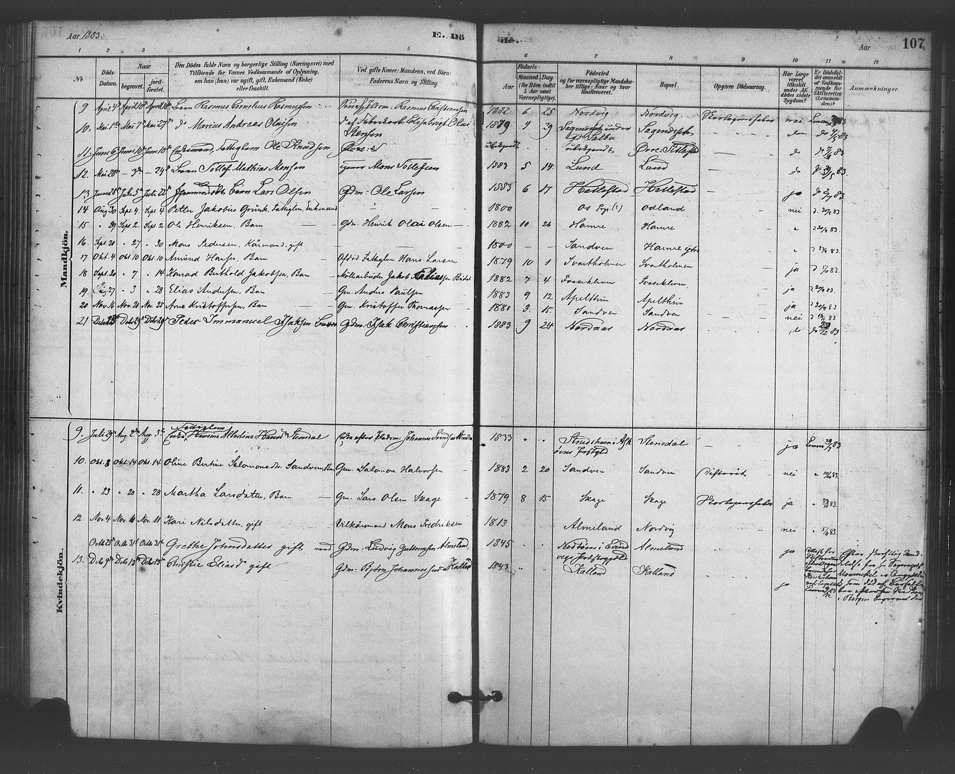 Fana Sokneprestembete, AV/SAB-A-75101/H/Haa/Haab/L0001: Parish register (official) no. B 1, 1878-1889, p. 107