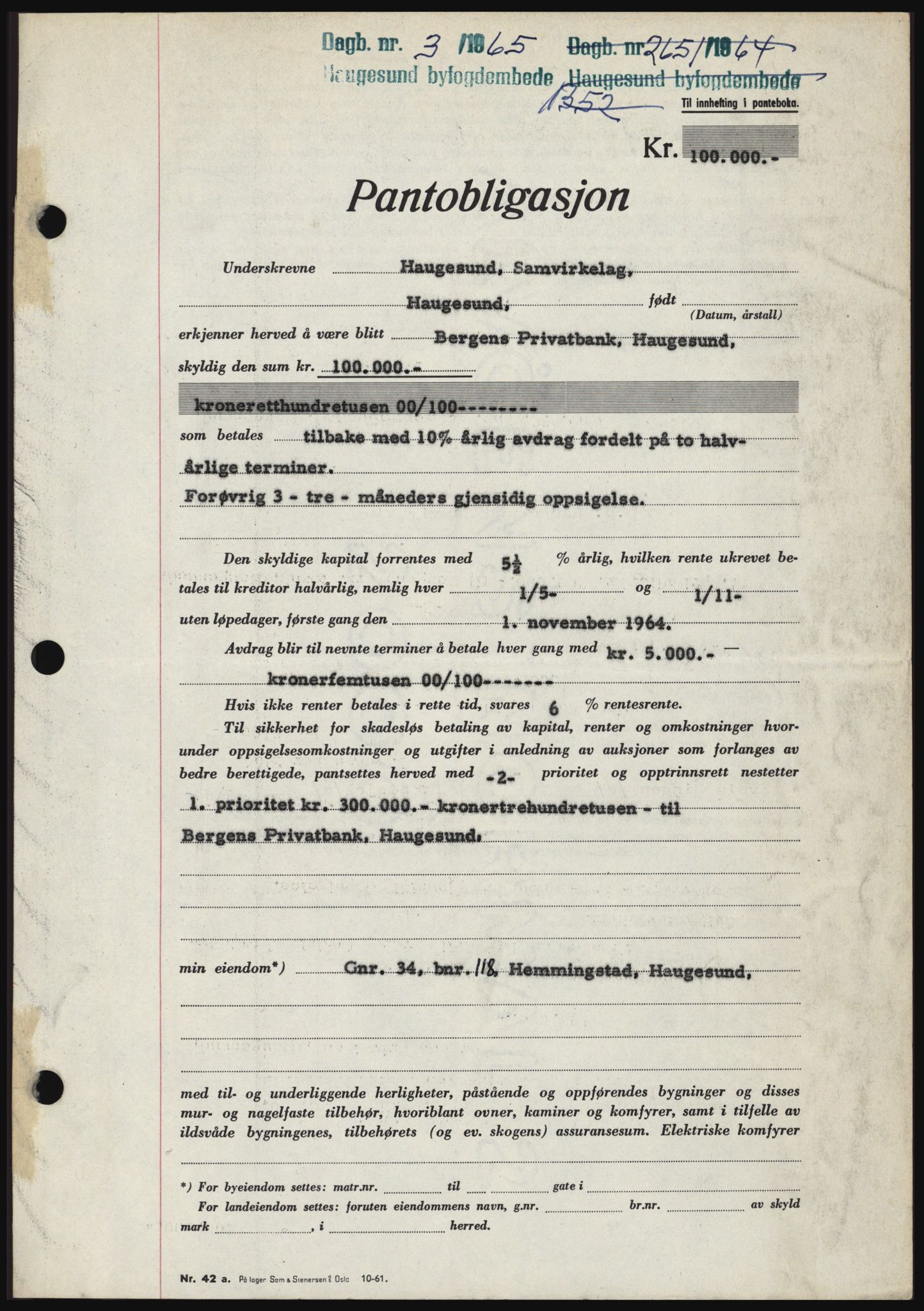 Haugesund tingrett, SAST/A-101415/01/II/IIC/L0053: Mortgage book no. B 53, 1965-1965, Diary no: : 3/1965