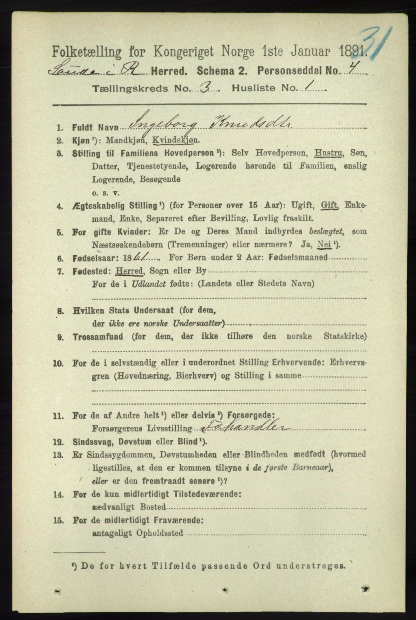 RA, 1891 census for 1135 Sauda, 1891, p. 1266