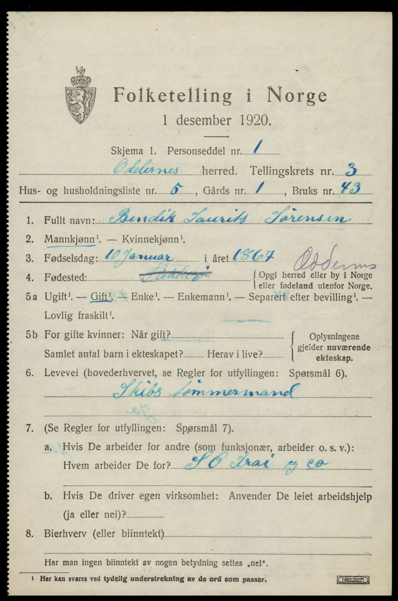SAK, 1920 census for Oddernes, 1920, p. 3395