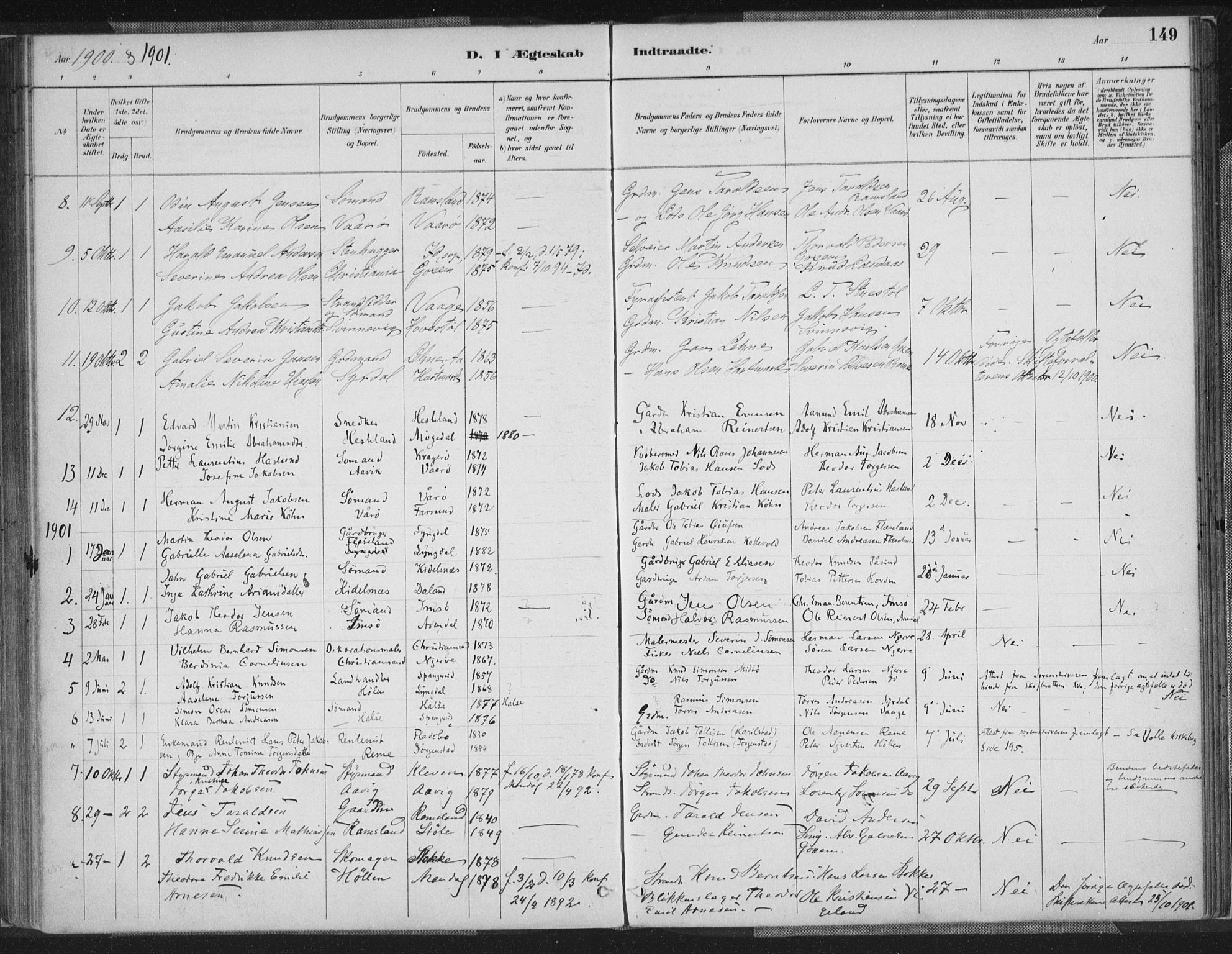 Sør-Audnedal sokneprestkontor, AV/SAK-1111-0039/F/Fa/Faa/L0004: Parish register (official) no. A 4, 1884-1909, p. 149