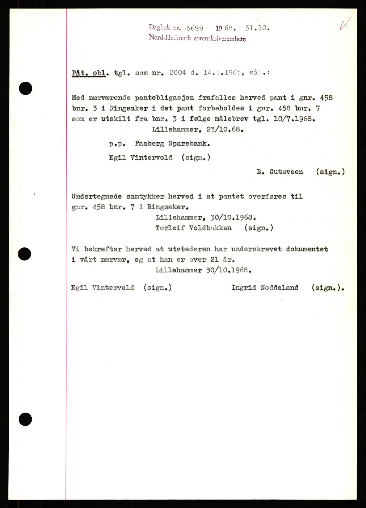 Nord-Hedmark sorenskriveri, SAH/TING-012/H/Hb/Hbf/L0077: Mortgage book no. B77, 1968-1969, Diary no: : 5699/1968