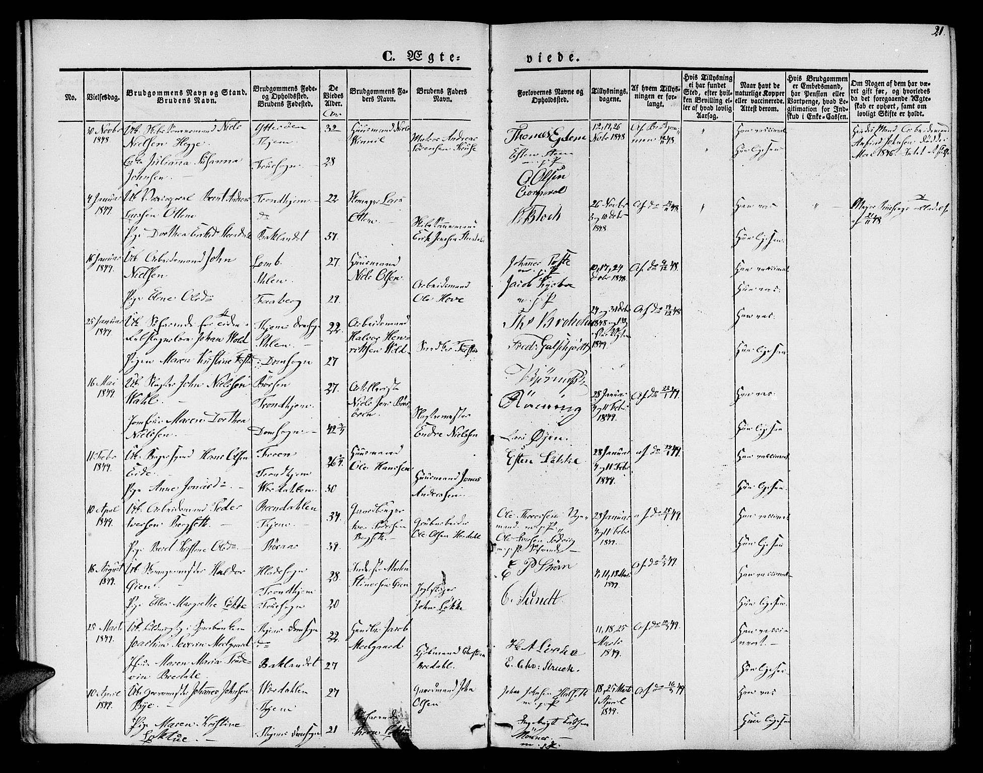 Ministerialprotokoller, klokkerbøker og fødselsregistre - Sør-Trøndelag, SAT/A-1456/602/L0111: Parish register (official) no. 602A09, 1844-1867, p. 21