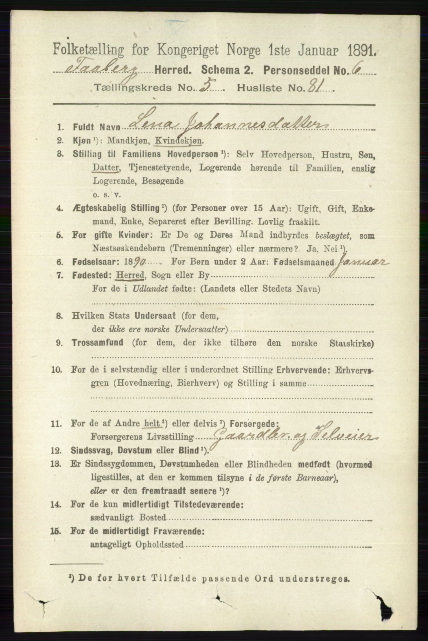 RA, 1891 census for 0524 Fåberg, 1891, p. 2137