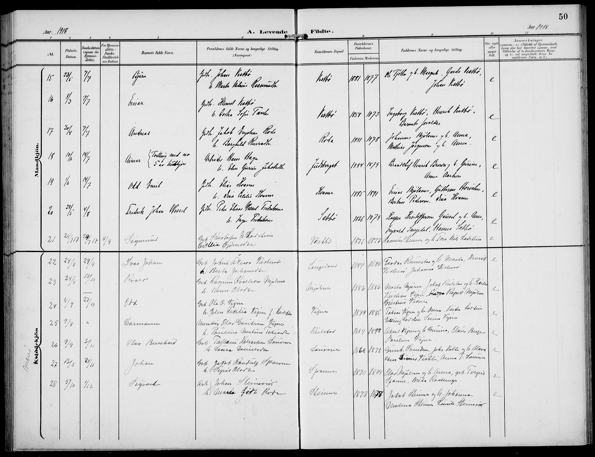 Finnøy sokneprestkontor, AV/SAST-A-101825/H/Ha/Hab/L0006: Parish register (copy) no. B 6, 1900-1934, p. 50