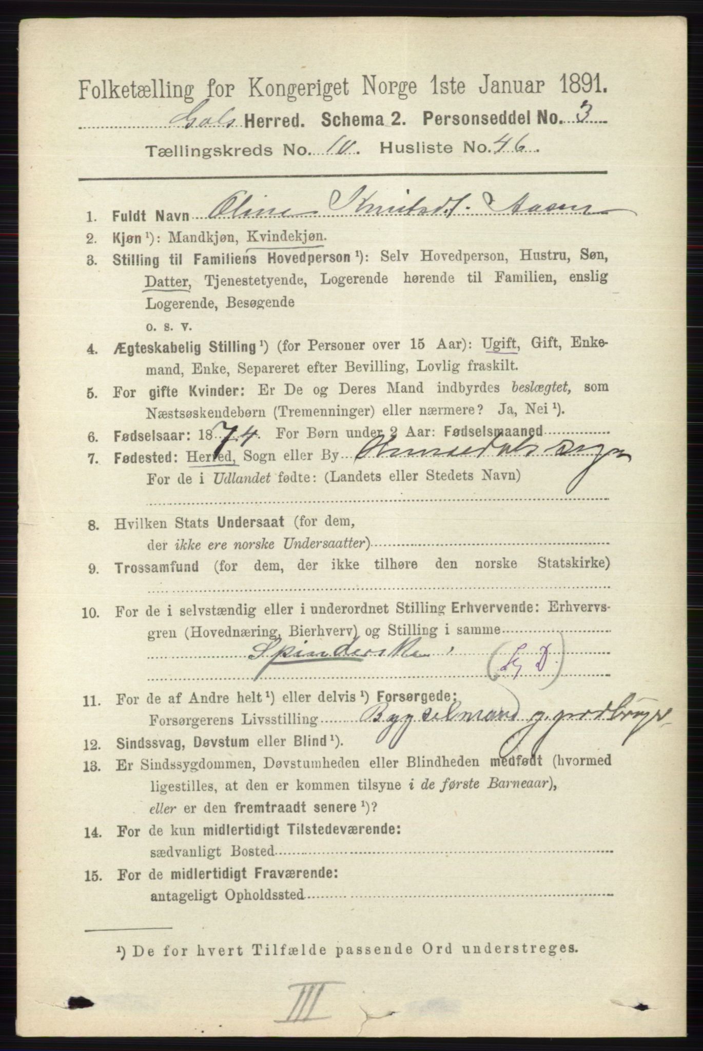 RA, 1891 census for 0617 Gol og Hemsedal, 1891, p. 4279