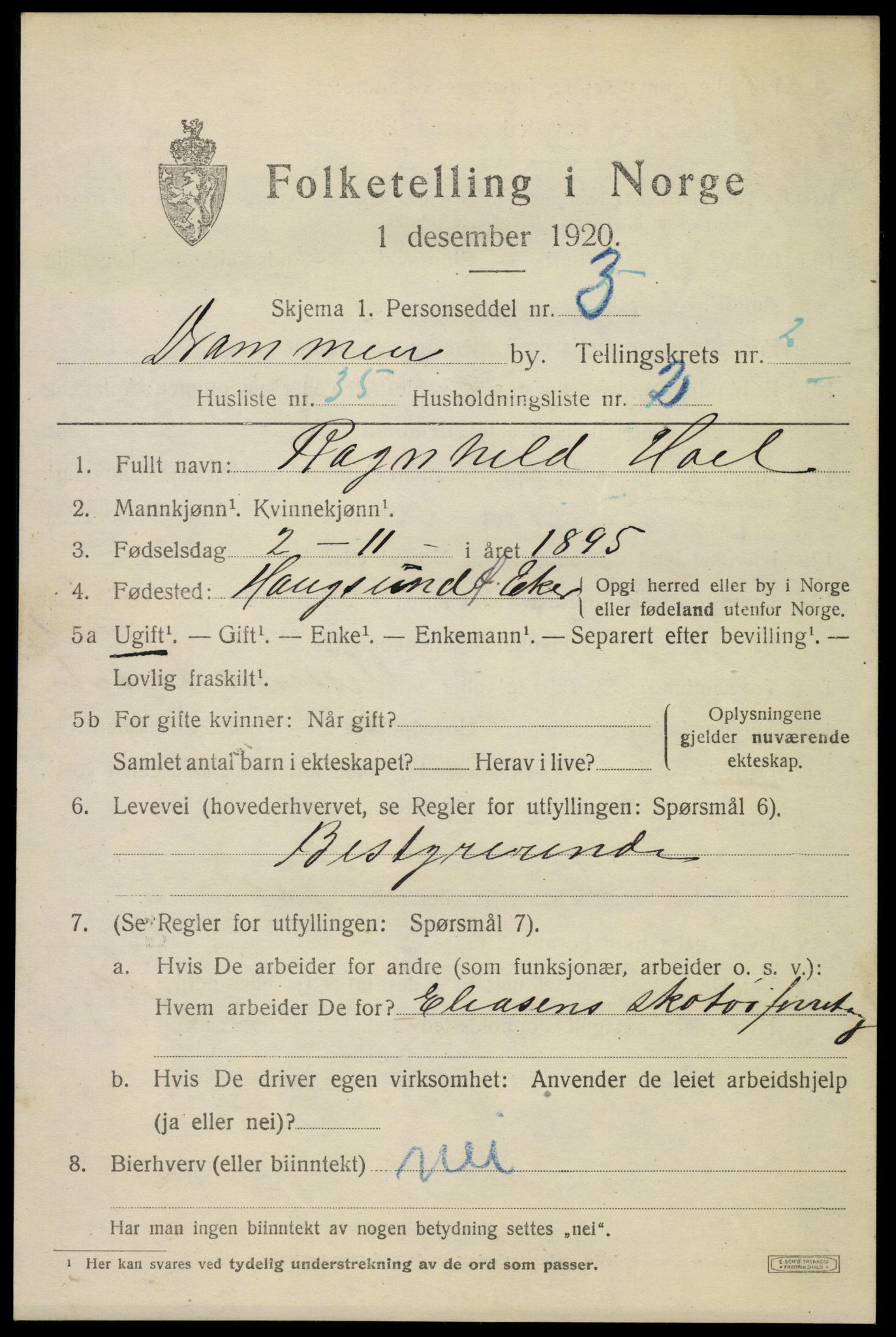 SAKO, 1920 census for Drammen, 1920, p. 25505