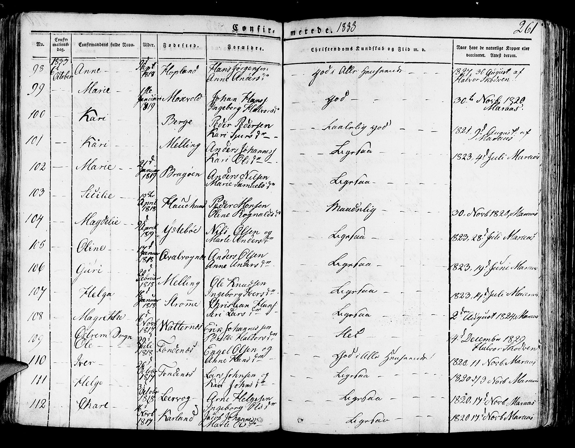 Lindås Sokneprestembete, SAB/A-76701/H/Haa: Parish register (official) no. A 8, 1823-1836, p. 261
