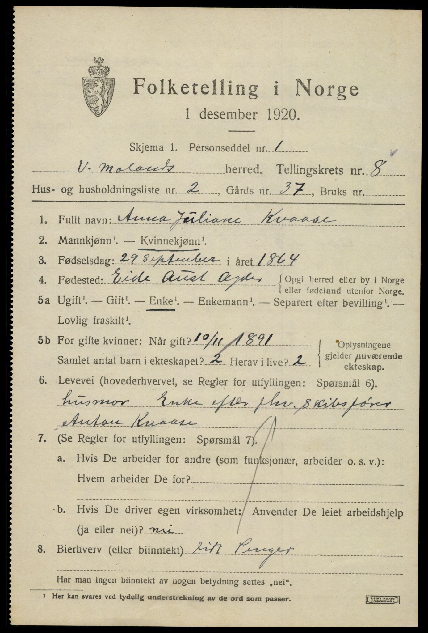 SAK, 1920 census for Vestre Moland, 1920, p. 5225