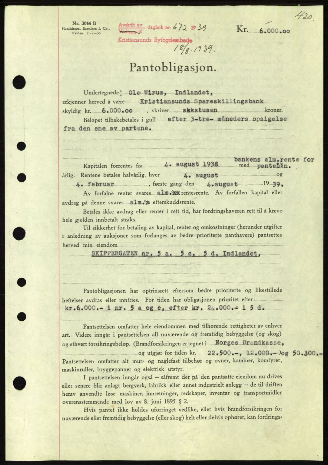 Kristiansund byfogd, SAT/A-4587/A/27: Mortgage book no. 31, 1938-1939, Diary no: : 672/1939