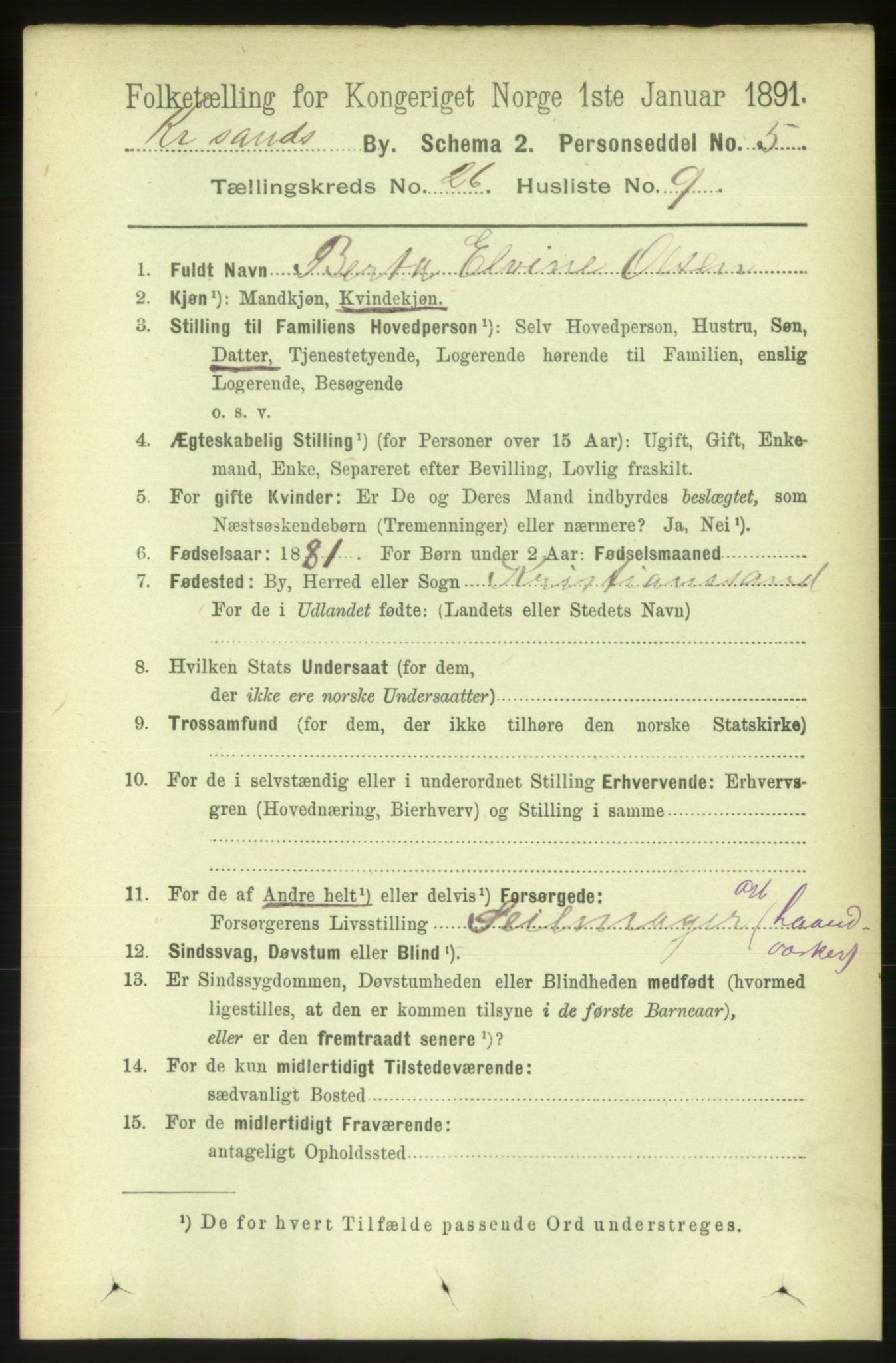 RA, 1891 census for 1001 Kristiansand, 1891, p. 8940