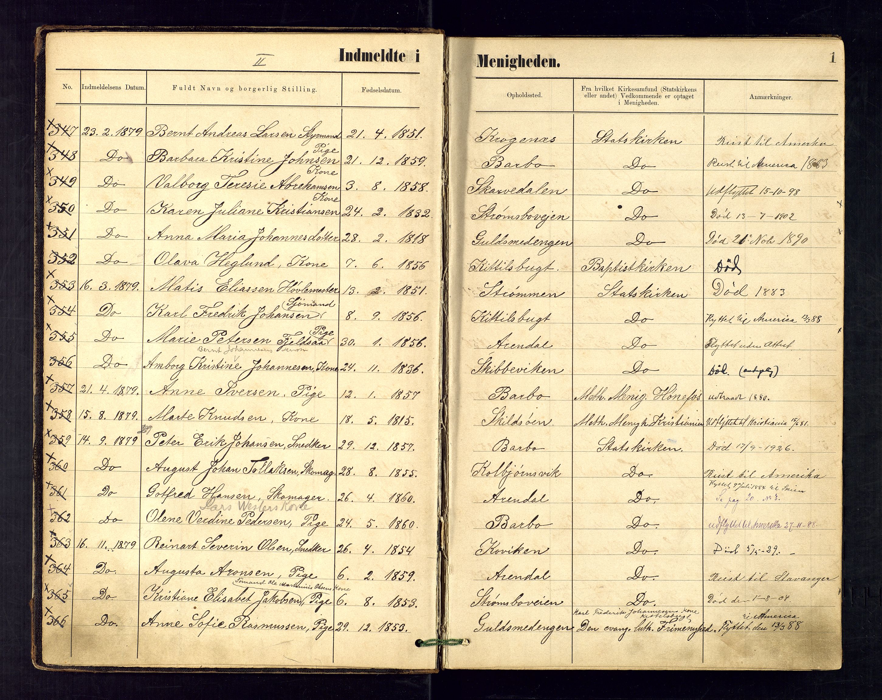 Metodistmenigheten, Arendal, SAK/1292-0011/F/Fa/L0003: Dissenter register no. 3, 1879-1893, p. 1