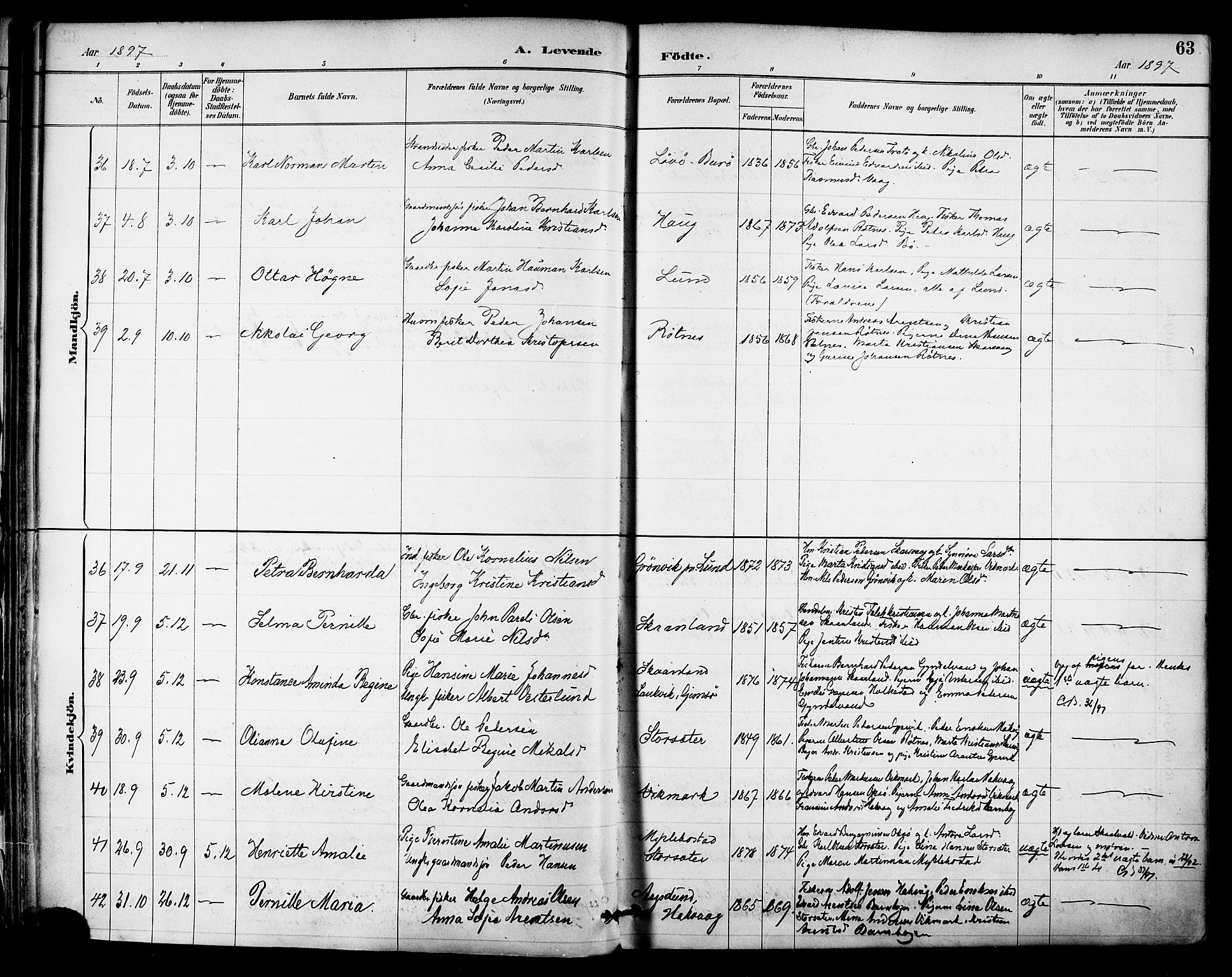 Ministerialprotokoller, klokkerbøker og fødselsregistre - Nordland, AV/SAT-A-1459/855/L0803: Parish register (official) no. 855A11, 1887-1905, p. 63