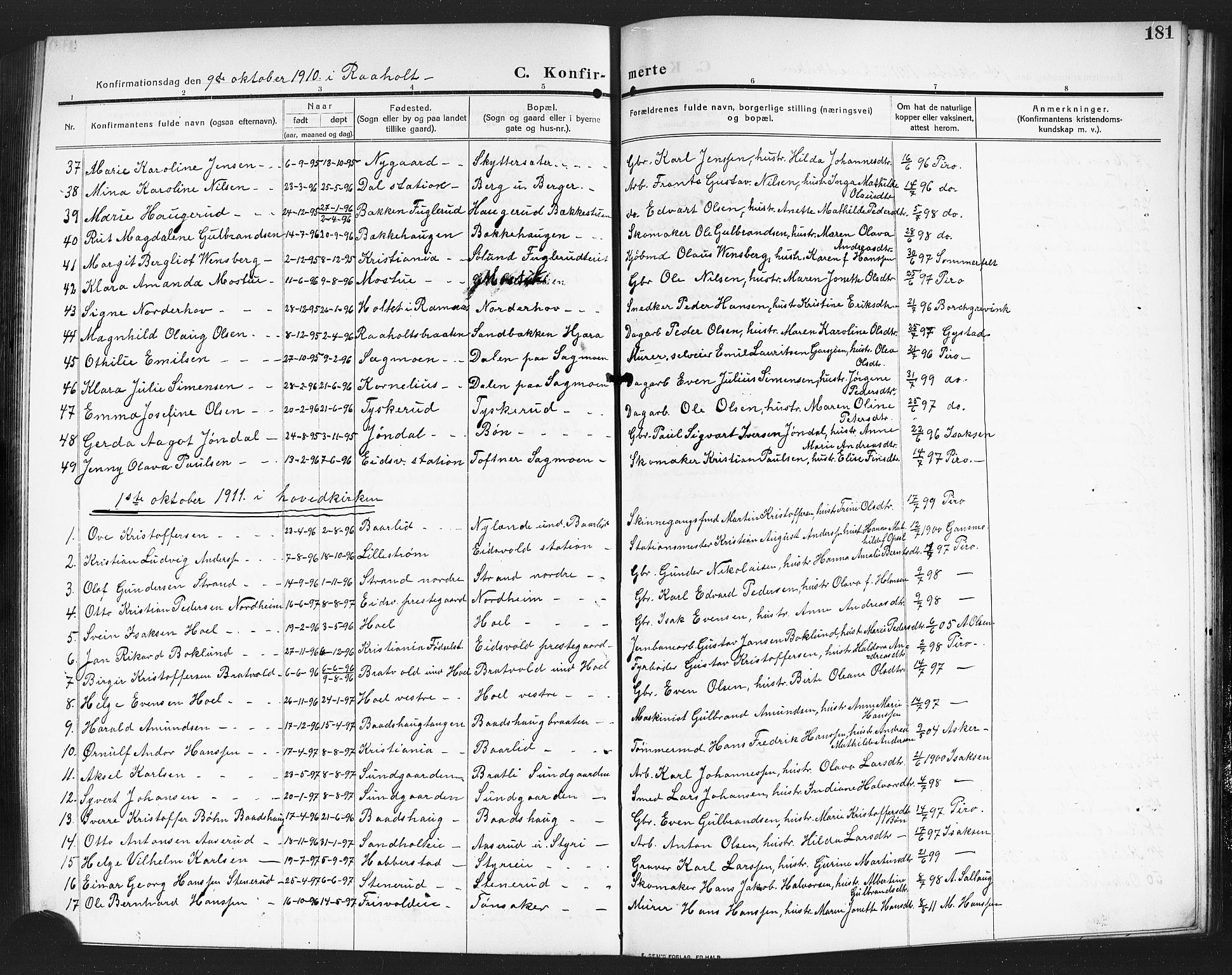 Eidsvoll prestekontor Kirkebøker, AV/SAO-A-10888/G/Ga/L0008: Parish register (copy) no. I 8, 1909-1918, p. 181