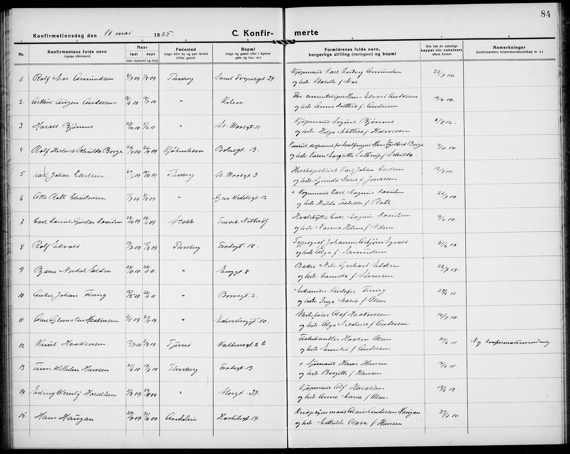 Tønsberg kirkebøker, AV/SAKO-A-330/G/Ga/L0013: Parish register (copy) no. 13, 1920-1929, p. 84