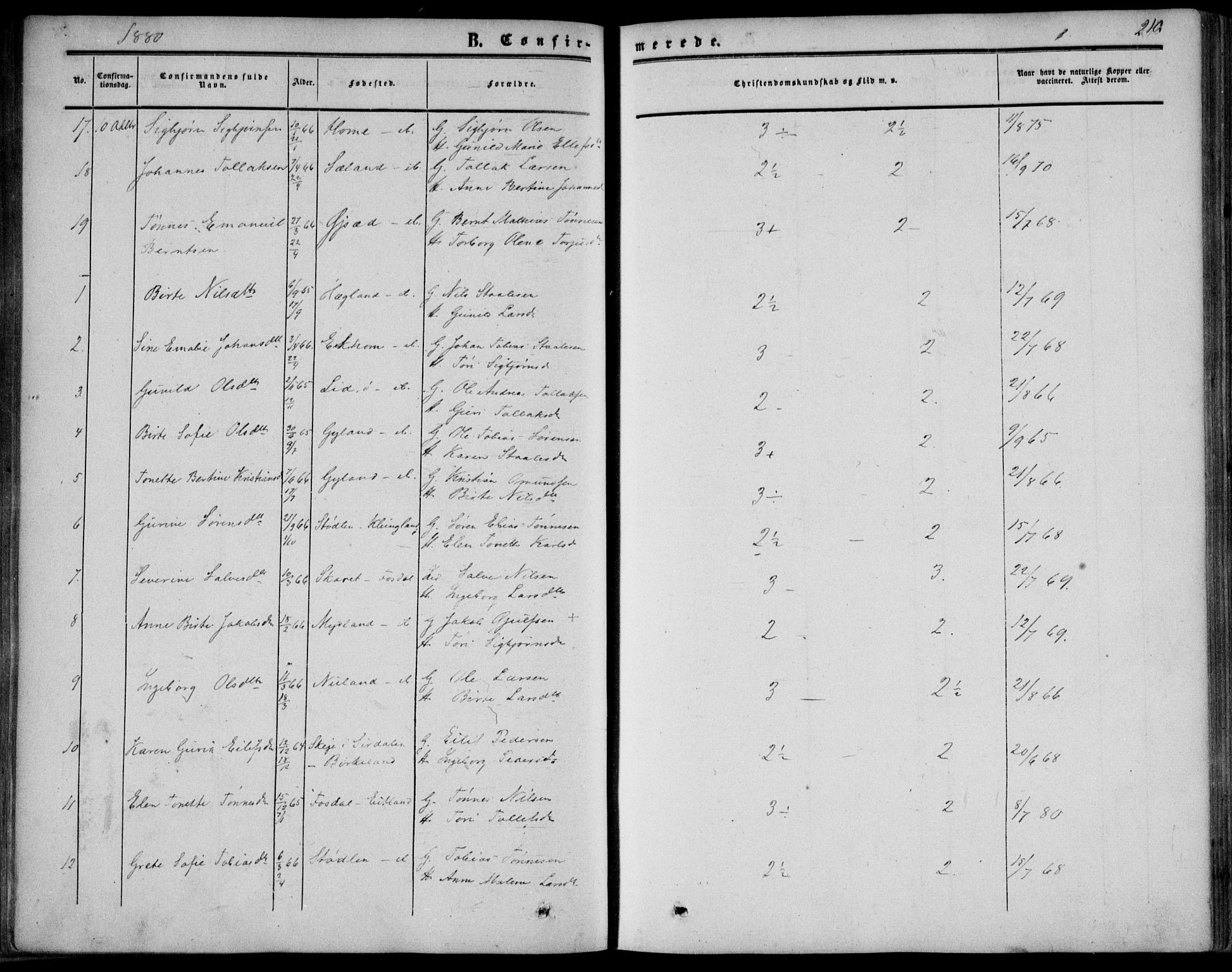 Bakke sokneprestkontor, AV/SAK-1111-0002/F/Fa/Fab/L0002: Parish register (official) no. A 2, 1855-1884, p. 210