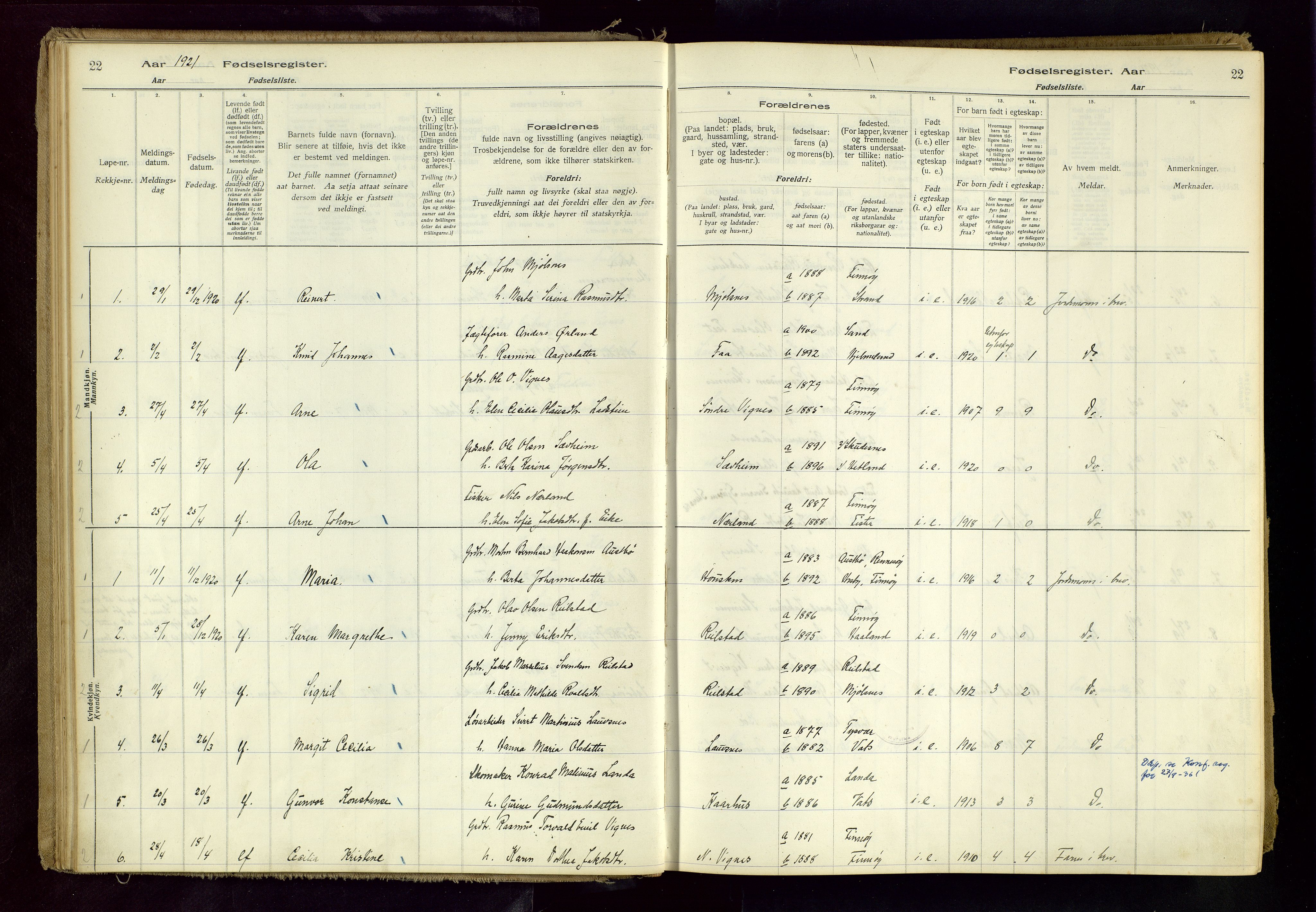 Finnøy sokneprestkontor, AV/SAST-A-101825/I/Id/L0001: Birth register no. 1, 1916-1977, p. 22