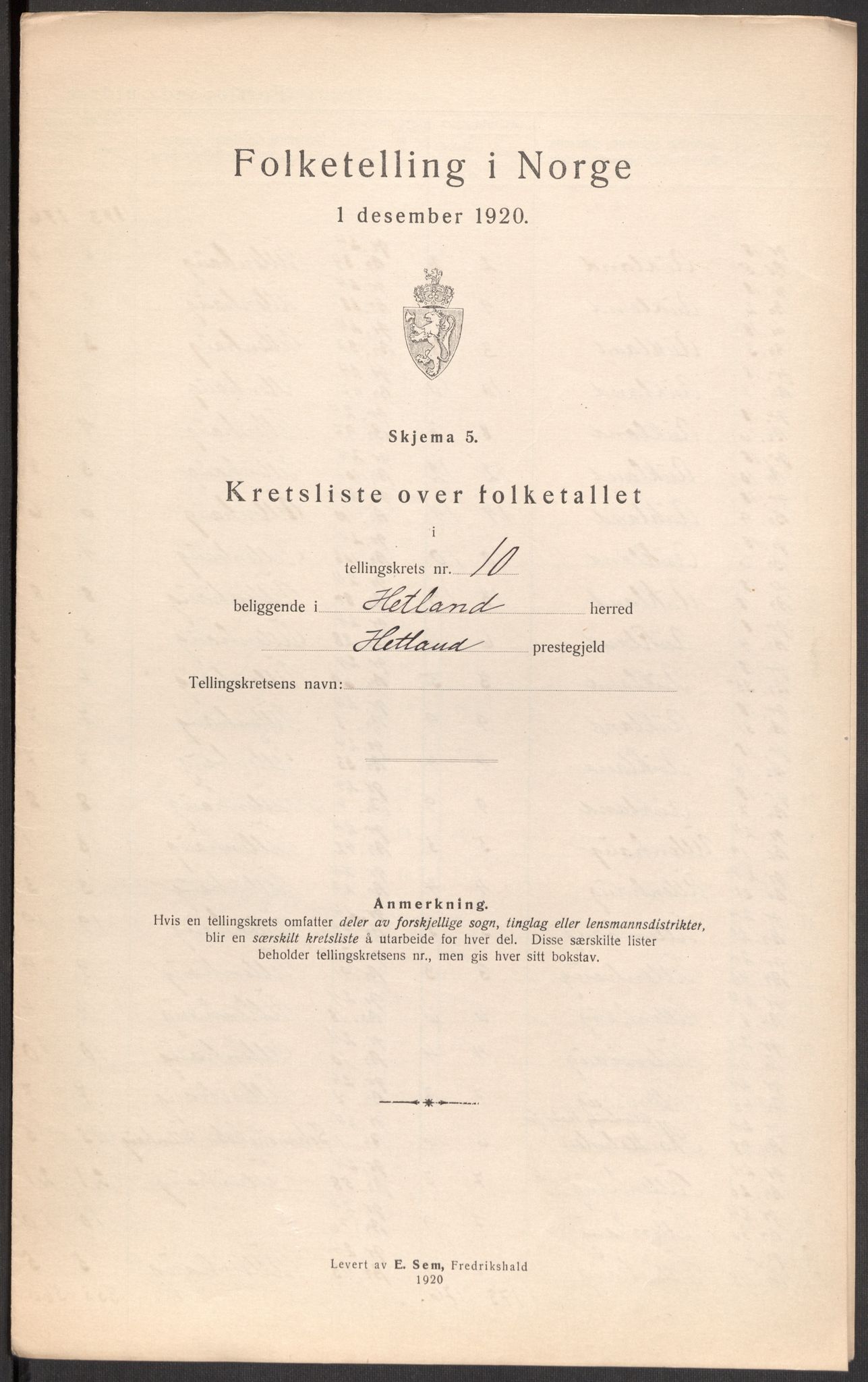 SAST, 1920 census for Hetland, 1920, p. 123