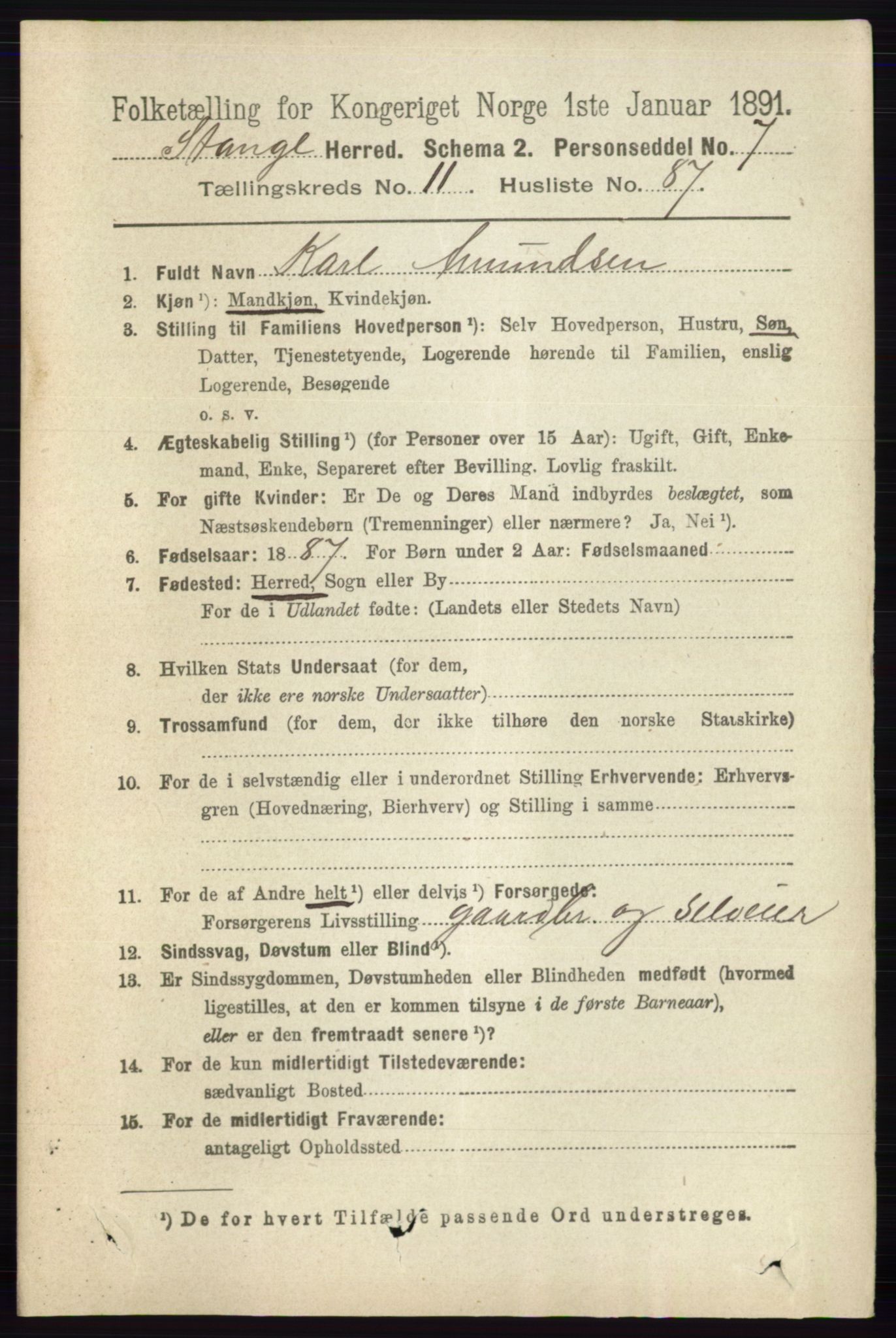 RA, 1891 census for 0417 Stange, 1891, p. 7945