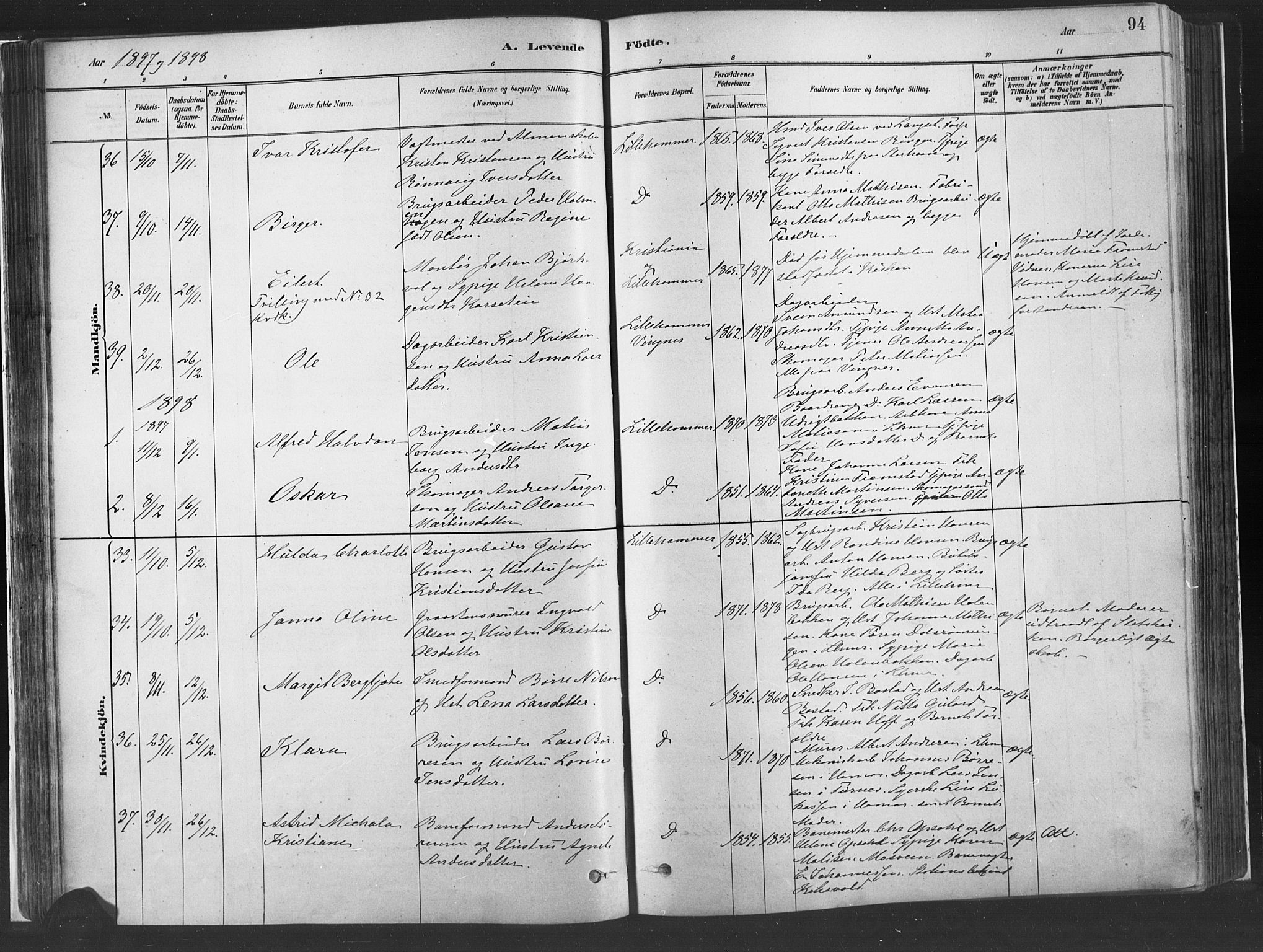 Fåberg prestekontor, SAH/PREST-086/H/Ha/Haa/L0010: Parish register (official) no. 10, 1879-1900, p. 94