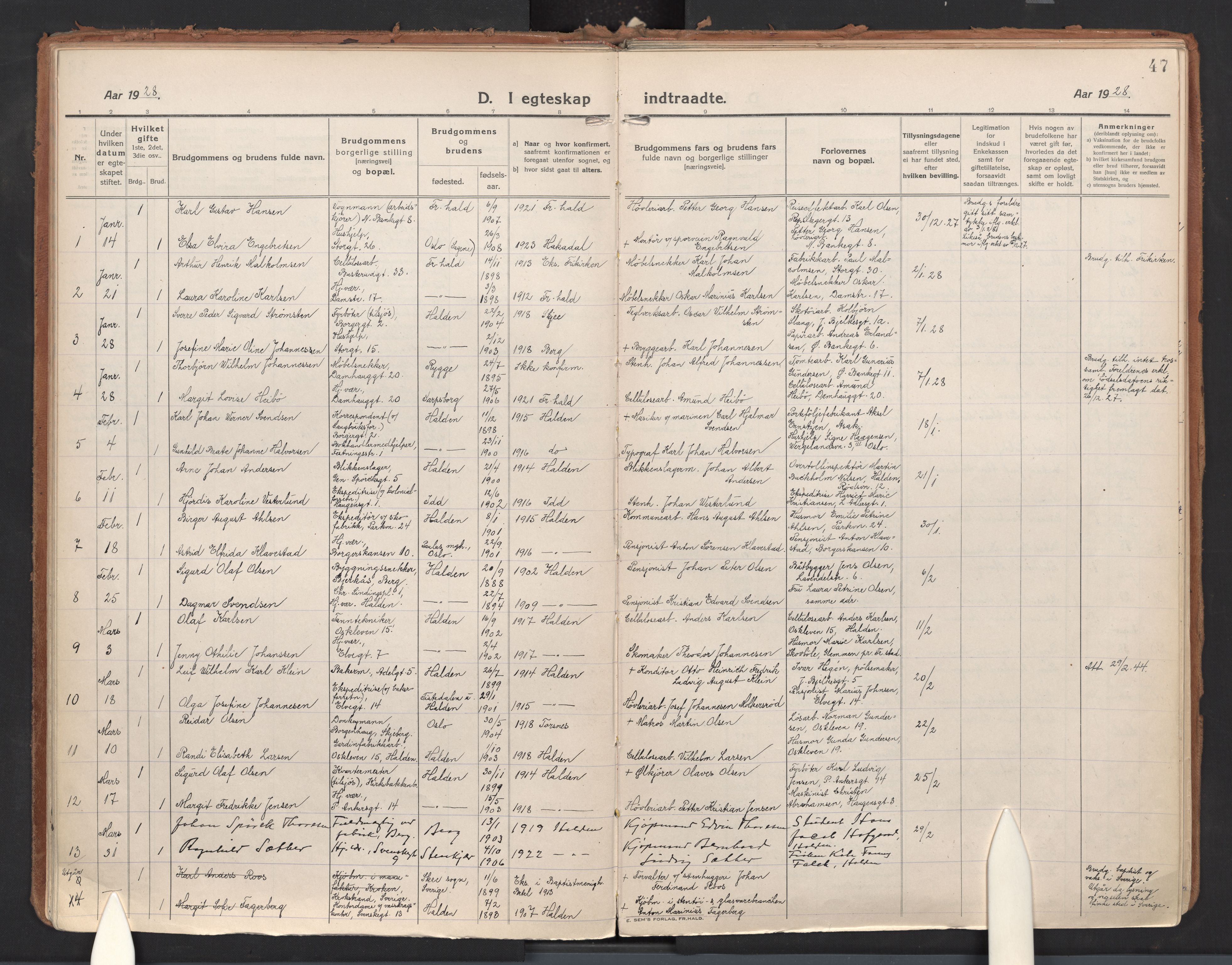 Halden prestekontor Kirkebøker, SAO/A-10909/F/Fa/L0017: Parish register (official) no. I 17, 1921-1945, p. 47