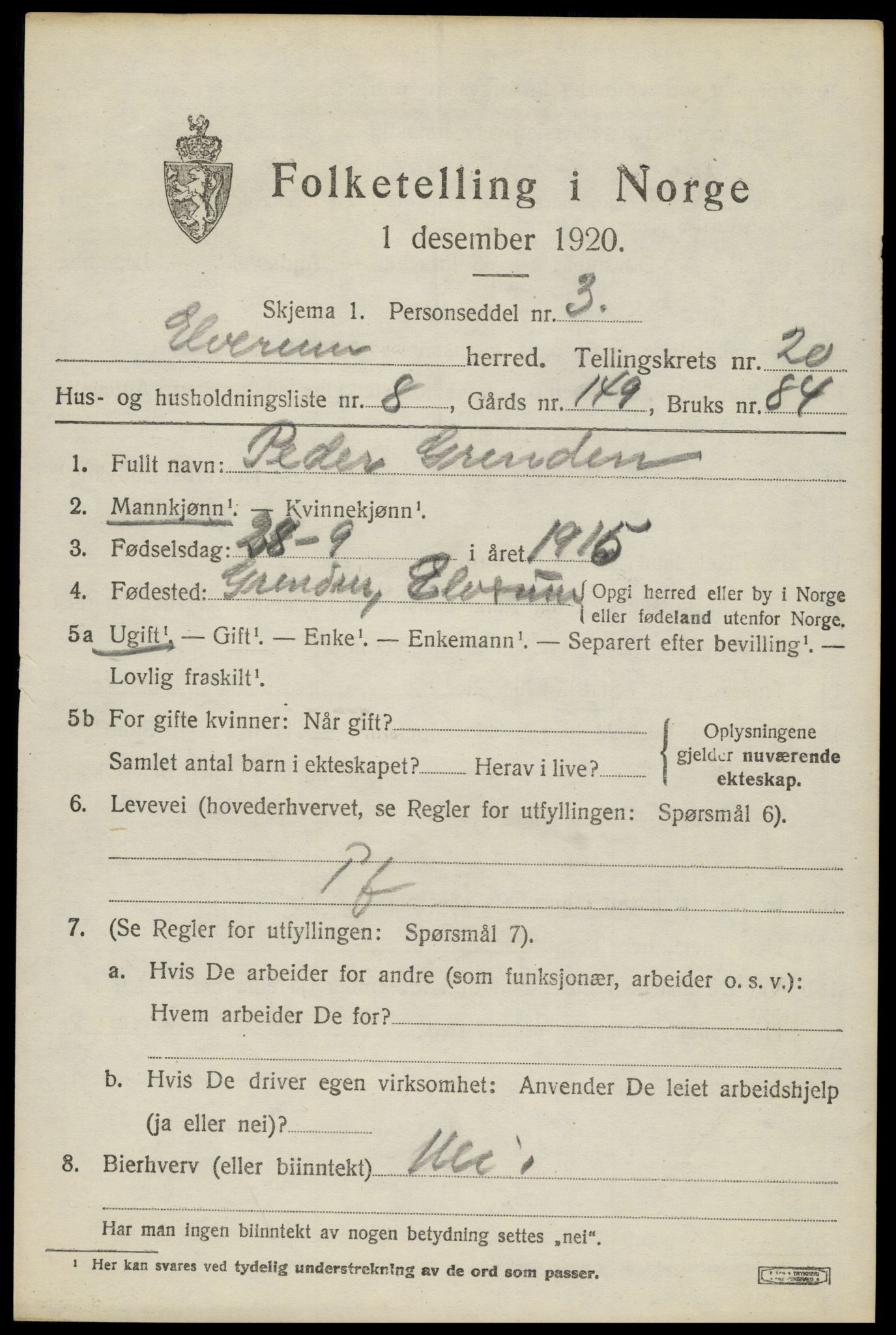 SAH, 1920 census for Elverum, 1920, p. 23380