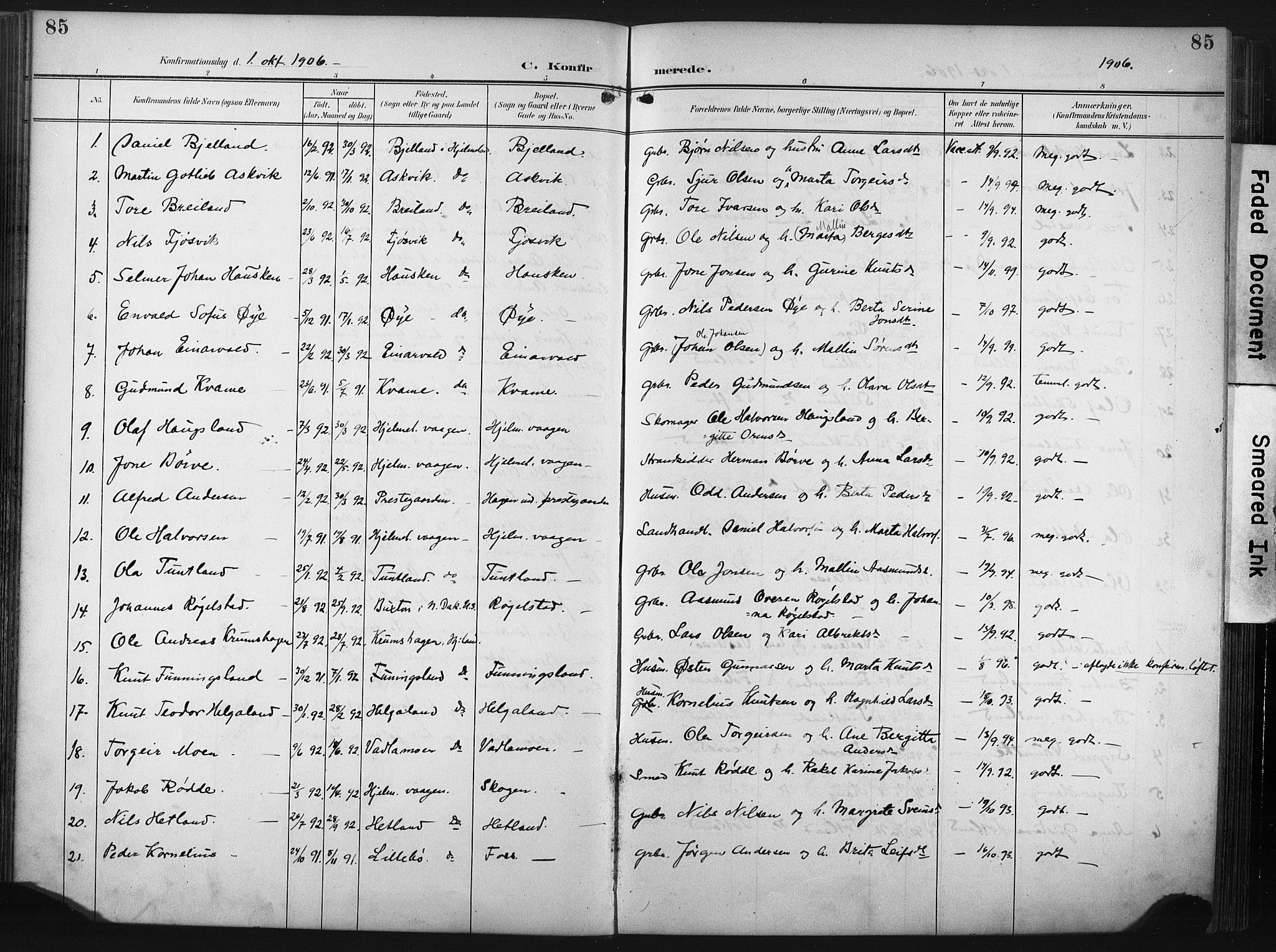 Hjelmeland sokneprestkontor, AV/SAST-A-101843/02/A/L0002: Parish register (official) no. A 17, 1901-1916, p. 85