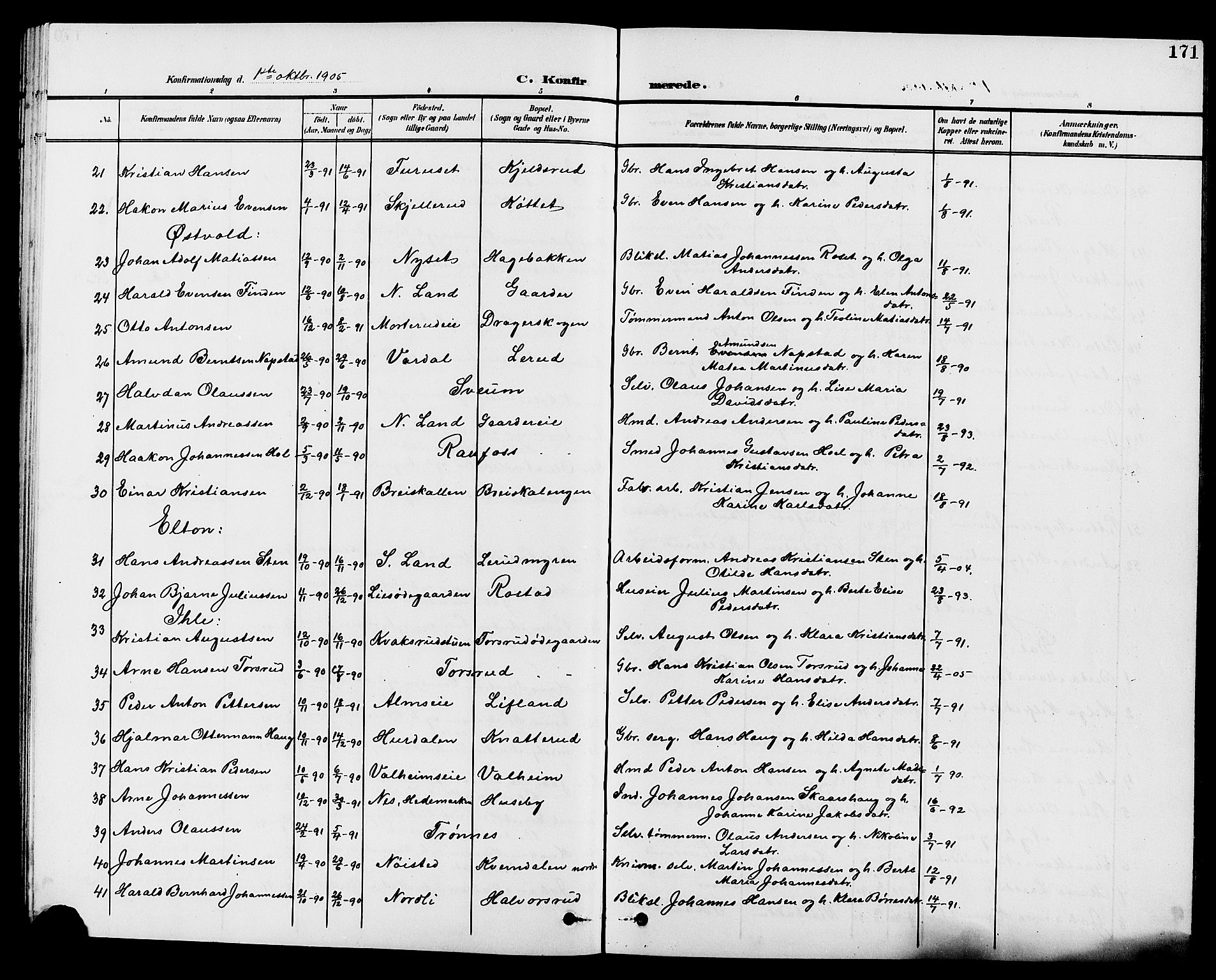 Vestre Toten prestekontor, SAH/PREST-108/H/Ha/Hab/L0010: Parish register (copy) no. 10, 1900-1912, p. 171
