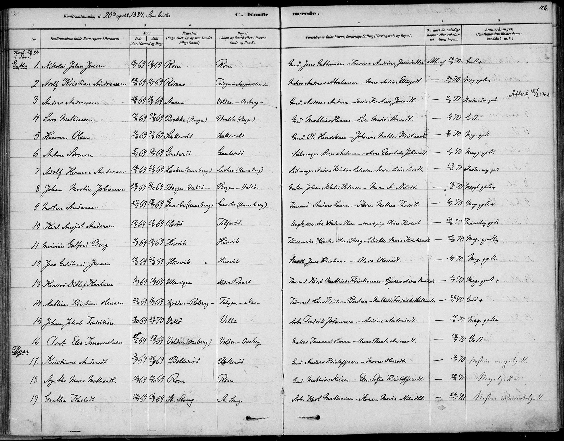 Sem kirkebøker, AV/SAKO-A-5/F/Fb/L0004: Parish register (official) no. II 4, 1878-1891, p. 186