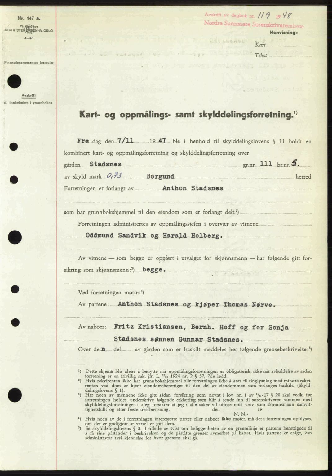 Nordre Sunnmøre sorenskriveri, AV/SAT-A-0006/1/2/2C/2Ca: Mortgage book no. A26, 1947-1948, Diary no: : 119/1948