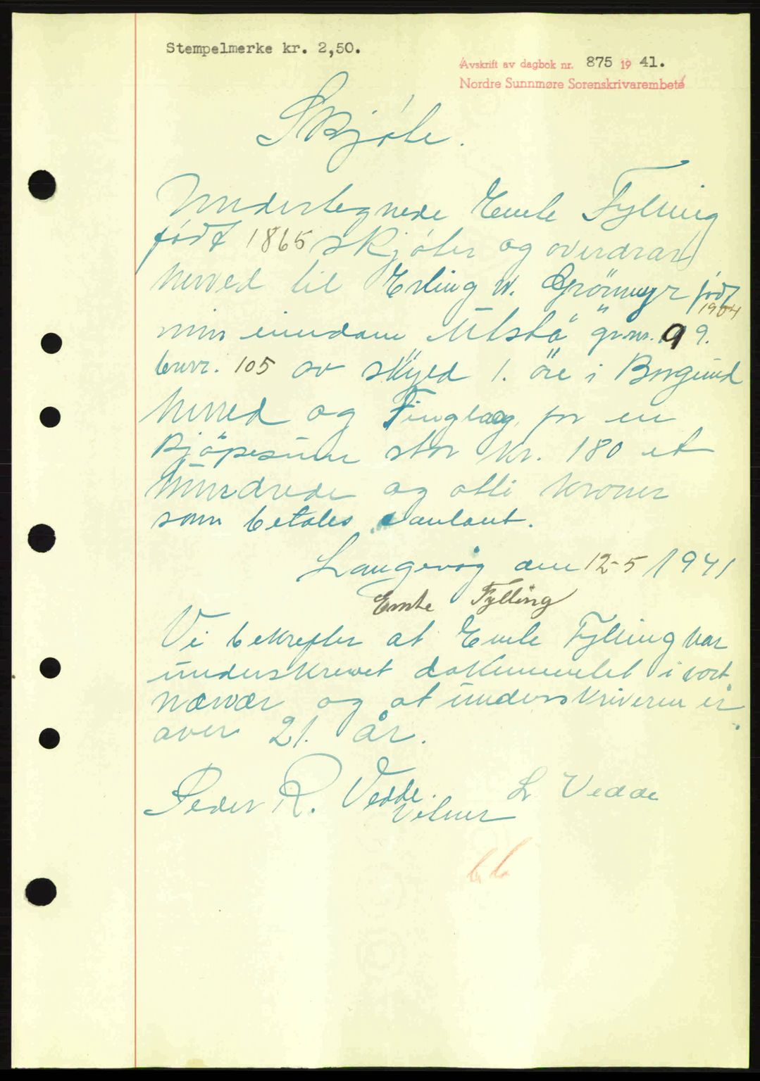 Nordre Sunnmøre sorenskriveri, SAT/A-0006/1/2/2C/2Ca: Mortgage book no. A11, 1941-1941, Diary no: : 875/1941