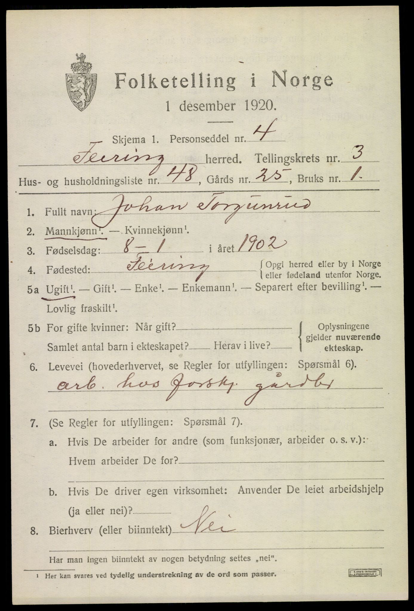 SAO, 1920 census for Feiring, 1920, p. 2174