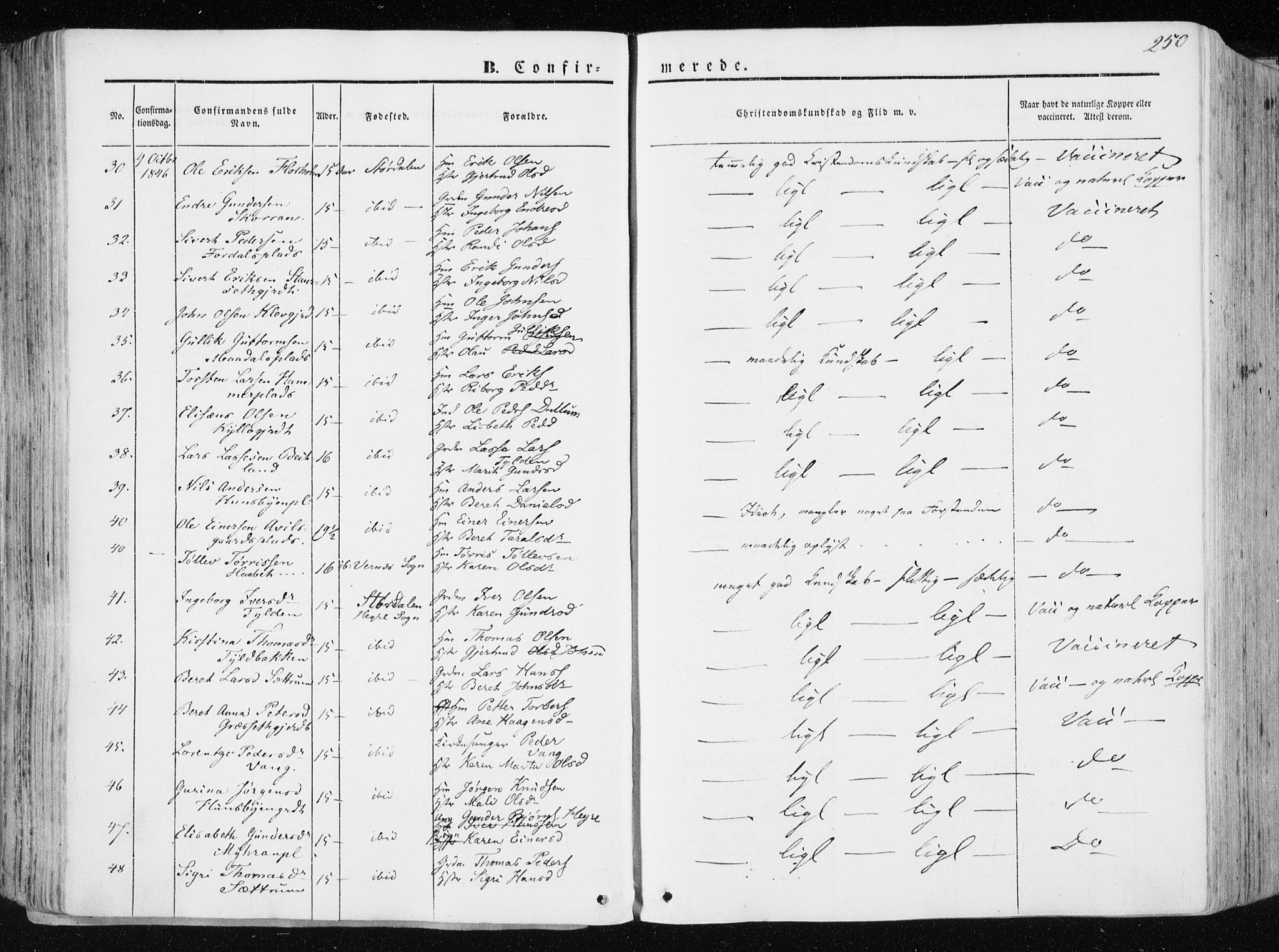 Ministerialprotokoller, klokkerbøker og fødselsregistre - Nord-Trøndelag, AV/SAT-A-1458/709/L0074: Parish register (official) no. 709A14, 1845-1858, p. 250