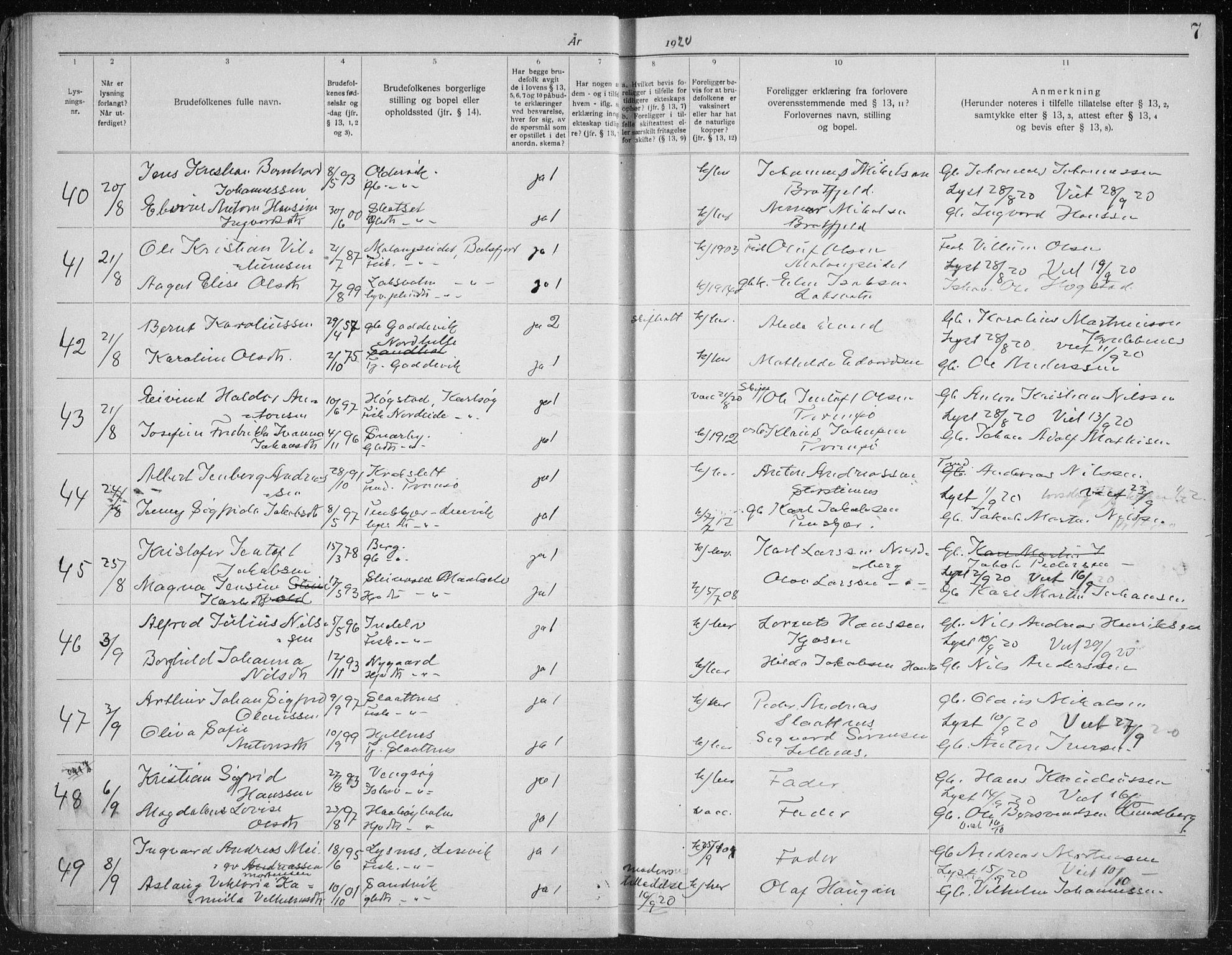 Tromsøysund sokneprestkontor, AV/SATØ-S-1304/H/Hc/L0059: Banns register no. 59, 1919-1937, p. 7