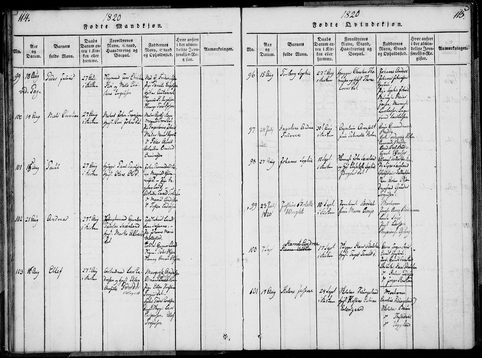 Kristiansand domprosti, SAK/1112-0006/F/Fa/L0008: Parish register (official) no. A 8, 1818-1821, p. 114-115