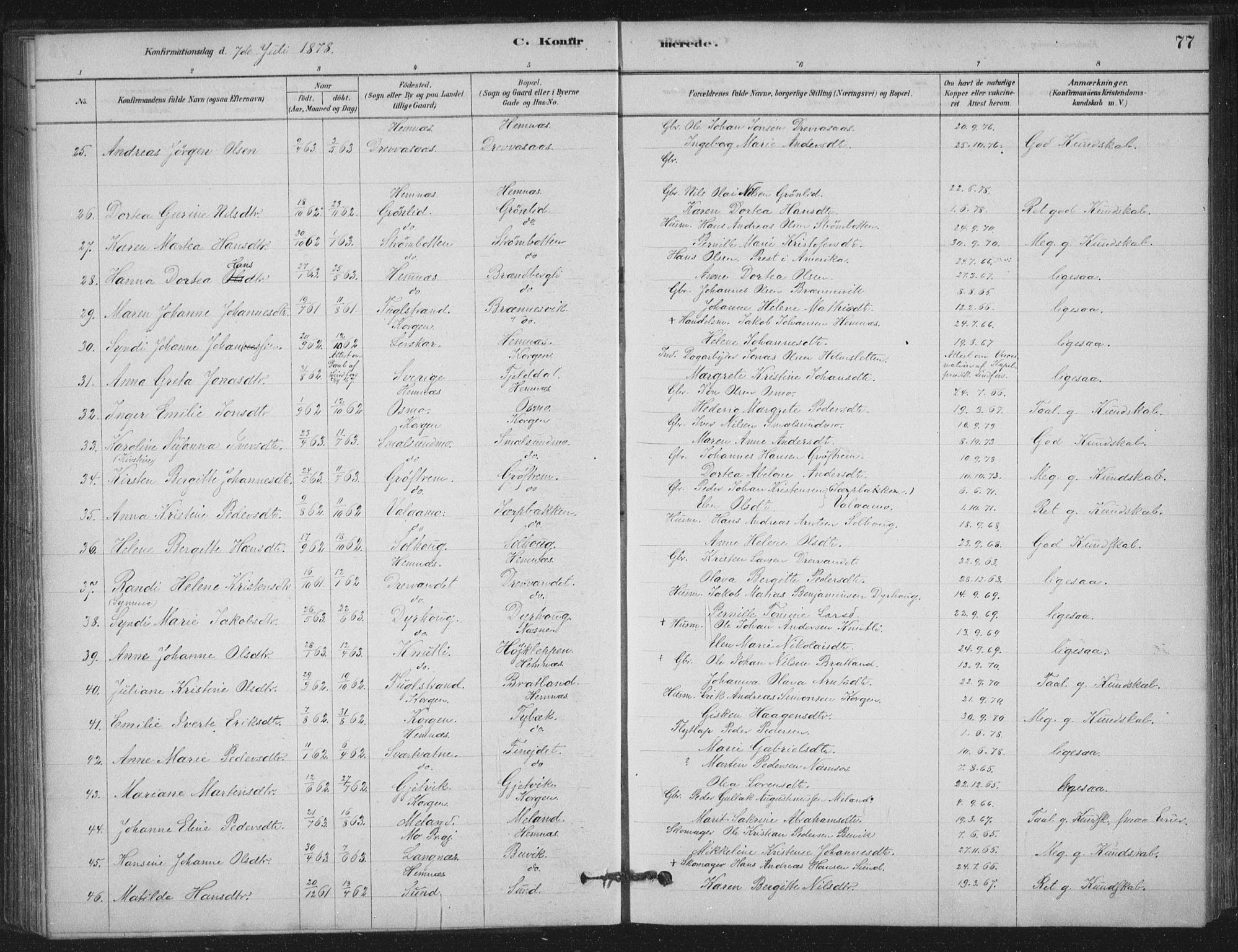 Ministerialprotokoller, klokkerbøker og fødselsregistre - Nordland, AV/SAT-A-1459/825/L0361: Parish register (official) no. 825A15, 1878-1893, p. 77