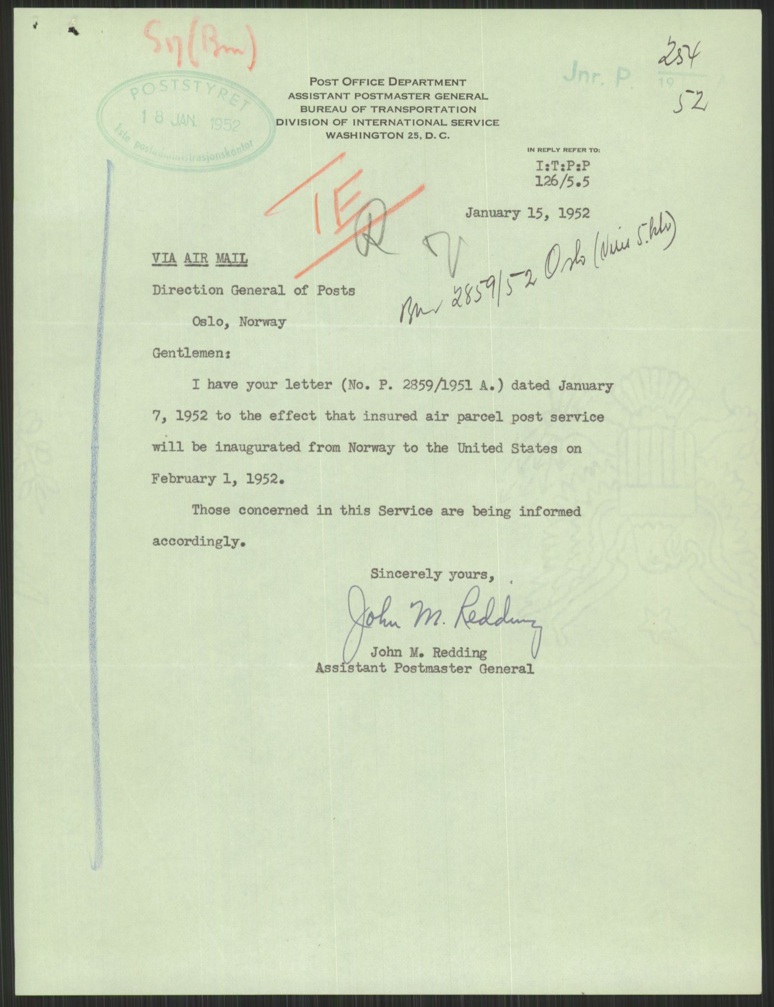 Postdirektoratet, Administrasjonsservice (TSA), AV/RA-S-4783/D/L0095/0002: De forskjellige tjenestegrener / Luftpakkepost, 1947-1965, p. 181