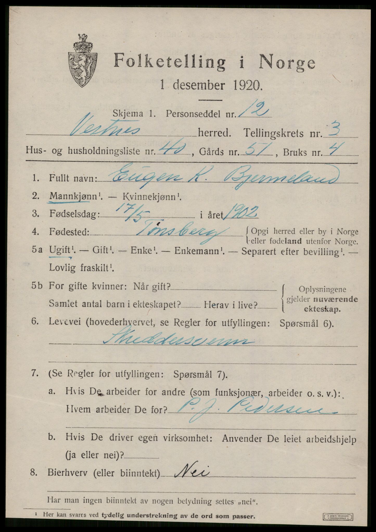 SAT, 1920 census for Vestnes, 1920, p. 3099