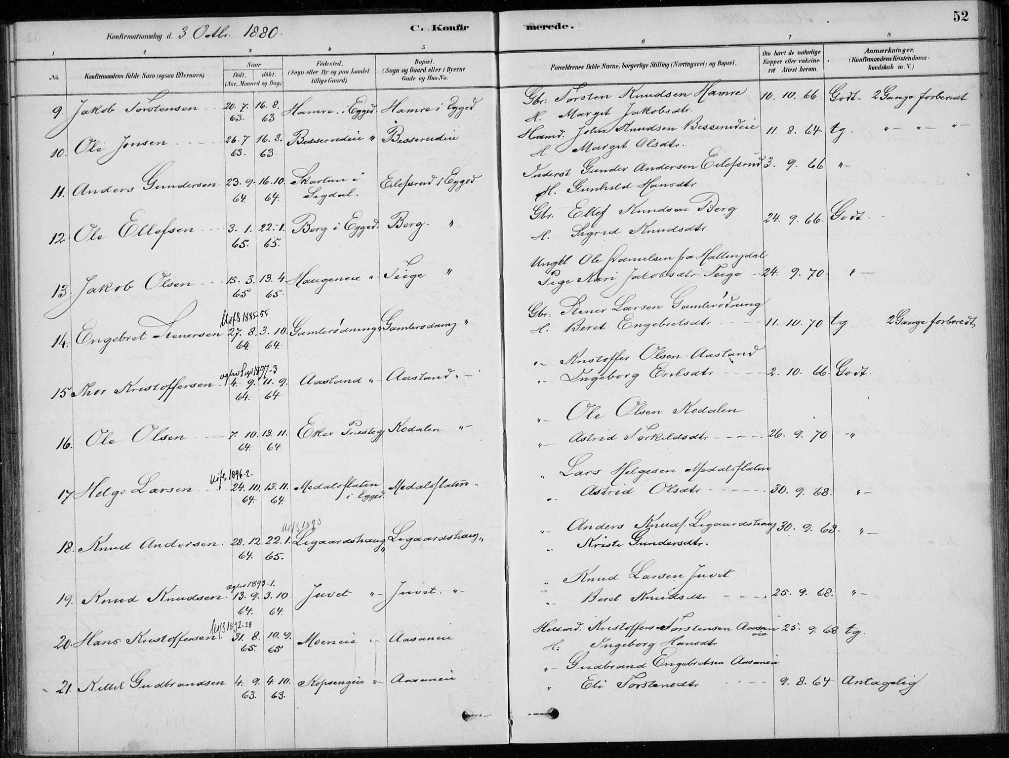 Sigdal kirkebøker, AV/SAKO-A-245/F/Fc/L0001: Parish register (official) no. III 1, 1879-1893, p. 52